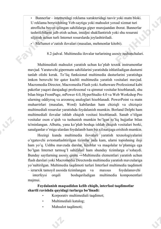 atuvchi gipermatn sahifalarini yaratishda ishlatiladigan dasturni tanlab olishi kerak. to’liq funksional multimedia dasturlarini yaratishga imkon beruvchi bir qator kuchli multimedia yaratish vositalari mavjud. macromedia director, macromedia flash yoki authoware professional kabi paketlar yuqori darajadagi professonal va qimmat vositalar hisoblanadi, shu bilan birga frontpage, mpower 4.0, hyperstudio 4.0 va web workshop pro ularning oddiyroq va arzonroq analoglari hisoblanadi. powerpoint va matn muharrirlari (masalan, word) kabilardan ham chiziqli va chiziqsiz multimediali resurslar yaratishda foydalanish mumkin. borland delphi ham multimediali ilovalar ishlab chiqish vositasi hisoblanadi. sanab o’tilgan vositalar oson o’qish va tushunish mumkin bo’lgan to’liq hujjatlar bilan ta'minlangan. albatta, yana ko’plab boshqa ishlab chiqish vositalari borki, sanalganlar o’rniga ulardan foydalanib ham bir xil natijaga erishish mumkin. hozirgi kunda multimedia ilovalari yaratish texnologiyalarini o’rgatuvchi avtomatlashtirilgan tizimlar juda kam, ularni topishning iloji ham yo’q. ushbu mavzuda darslar, kitoblar va maqolalar to’plamiga ega bo’lgan internet tarmog’i sahifalari ham shunday tizimlarga o’xshaydi. bunday saytlarning asosiy qismi ―multimedia …
