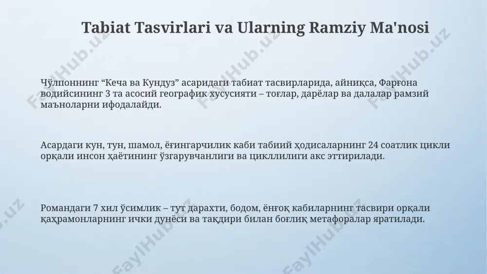 osabatlarning 1920-yillardagi farg'ona vodiysidagi qishloq hayotiga ta'siri, 2-3 avlod o'rtasidagi ziddiyatlar orqali ko'rsatiladi. asarda, oila va jamiyat masalalari, ayniqsa, ayollarga nisbatan 5 ta turli munosabatlar orqali, feodal qadriyatlar va yangi g'oyalar o'rtasidagi kurash fonida tasvirlangan. tasvirlar tizimi: umumiy nuqtai кўпгина тасвирлар, масалан, қуёш, ой, қушлар каби табиат элементлари орқали 2 та муҳим ғоя – ватанга муҳаббат ва инсоннинг ички дунёсининг зиддиятлари ифодаланади, буларнинг аксарияти фарғона водийси манзаралари билан боғлиқ. асардаги тасвирлар тизимида 3 та асосий мавзу – инсон, табиат ва жамият ўртасидаги муносабатлар, миллий ўзлик ҳисси ва мустақиллик тушунчалари акс этади, булар 1920 йиллар ўзбекистони воқеликларига боғланган. чўлпоннинг "кеча ва кундуз" асаридаги тасвирлар тизимида 20 дан ортиқ рамзий образлар учрайди, жумладан, тошкент шаҳри ва унинг атрофидаги табиат манзаралари ёрдамида ижтимоий-сиёсий ҳолат тасвирланади. asarni tahlil qilish va xulosa асардаги 12 та асосий персонаж образининг психологиясини таҳлил қилиш орқали, 1920-йиллардаги ўзбекистон жамиятидаги ижтимоий муаммоларни 3 та асосий жиҳати аниқланади. чўлпоннинг "кеча ва …