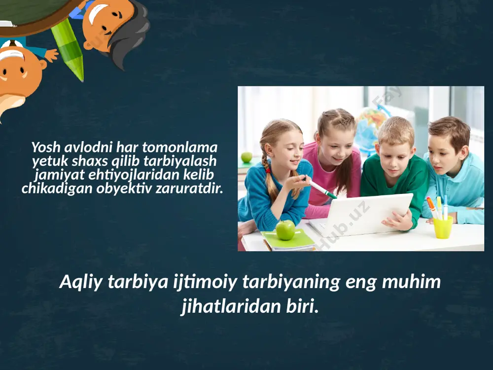 ehnat madaniyatini rivojlantirish. 4. aqliy bilim, kо‘nikma va malakalarini rivojlantirish. maktabgacha tarbiya yoshidagi bolalarga ta’lim berish tizimi el pedagogikada ilk bor chex pedagogi yan amos komenskiy (1592-1670) tomonidan yaratilgan. yan amos komenskiy adabiyotlar ro`yxati: о‘zbekiston respublikasi konstitutiyasi. t.,о‘zbekiston. 1992. о‘zbekiston respublikasining qonuni «ta’lim tо‘g‘risida», karimov i.a. yuksak ma’naviyat-yengilmas kuch. t. “ma’naviyat” 2008 y. karimov i. a. barkamol avlod о‘zbekiston taraqqiyotining poydevori. t., sharq nashriyot – matbaa konserni, 1998. karimov i. a. bizdan ozod va obod vatan qolsin.t,, 1995. image2.jpg image3.jpeg image4.jpeg image5.jpeg image6.jpeg image7.jpeg image8.jpeg image9.jpeg image10.jpeg image11.jpeg image12.png image13.jpeg image14.jpeg image15.jpeg image16.jpeg image17.jpeg image18.jpeg image19.jpeg image1.jpg