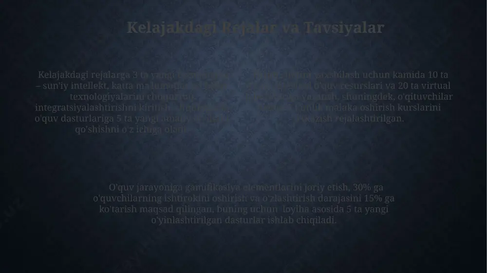 ro bog'liq holda o'qitishni, 21-asr ko'nikmalarini rivojlantirishni o'z ichiga oladi. integratsiya mazmuni va ahamiyati integrativ yondashuv, murakkab muammolarni 5 ta turli texnologiyadan foydalanib, 3 bosqichda hal qilishga imkon beradi, bu esa muammo hal qilish qobiliyatini rivojlantiradi. fanlararo integratsiya natijasida o'quvchilarning bilim va ko'nikmalarini 15% ga boyitish bilan birga, 4 ta yangi kasbiy yo'nalishni o'rganish imkoniyati yaratilishi mumkin. integratsiya, 3 ta yoki undan ortiq texnologiya fanlarini (masalan, dasturlash, robototexnika, sun'iy intellekt) bir-biri bilan bog'lab, o'quvchilarning amaliy ko'nikmalarini 20% ga oshirishga yordam beradi. zamonaviy texnologiyalardan foydalanish zamonaviy texnologiyalarni qoʻllash, oʻquv jarayonini 30% ga tezlashtirib, oʻquvchilarning bilim darajasini 15-20% ga oshirish imkonini beradi, bu esa samaradorlikni sezilarli darajada yaxshilaydi. interfaol o'quv dasturlari va simulyatsiyalar, masalan, 3d modellashtirish yoki virtual laboratoriyalar, o'quvchilarning amaliy ko'nikmalarini rivojlantirishda muhim rol o'ynaydi va o'zlashtirishni 25% ga oshiradi. onlayn resurslar va lms platformalaridan foydalanish, masalan, 5000 dan ortiq o'quv materiallarini taqdim etuvchi moodle platformasi, o'quv jarayonini diversifikatsiya qilish va …