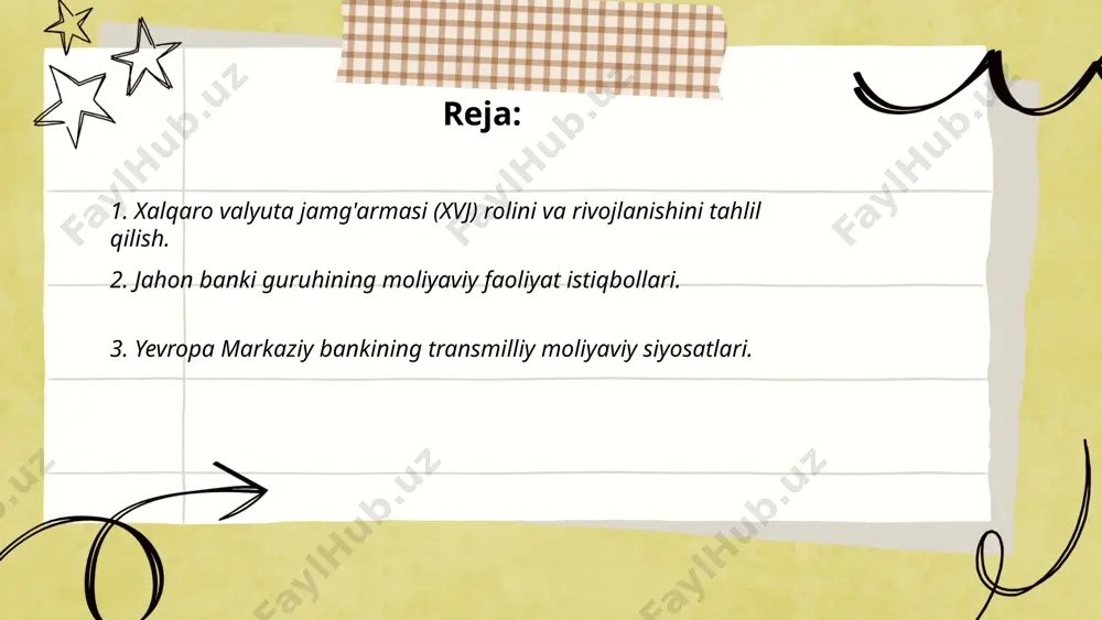 shga hissa qo'shishga qaratilgan. ... t.me/slaydai_bot 3. yevropa markaziy bankining (ymb) transmilliy moliyaviy siyosatlari yevropa ittifoqi davlatlarida iqtisodiy barqarorlik va o'sishni ta'minlashga yo'naltirilgan. 2023 yilda ymb asosiy foiz stavkasini 4.0% ga oshirdi, inflyatsiyani nazorat qilish uchun. iqtisodiyotlarni qo'llab-quvvatlash uchun bank 1.35 trillion yevro miqdorida davlat va korporativ obligatsiyalarni qayta sotib olish dasturlarini amalga oshirdi. ymb moliyaviy barqarorlikni saqlash uchun banklarga 0% lik uzoq muddatli refinanslash operatsiyalarini taklif qilmoqda. yevropa moliya kengashi orqali makroprudensial siyosat amalga oshiriladi, bu esa kredit bozorlarida xavf profilini yaxshilashga yordam beradi. shu tarzda, ymb pul-kredit siyosatini mamlakatlar o'rtasida muvofiqlashtiradi. ... t.me/slaydai_bot 4. osiyo taraqqiyot bankining mintaqaviy loyihalari. osiyo taraqqiyot banki (otb) osiyo va tinch okeani mintaqasidagi iqtisodiy rivojlanishni qo'llab-quvvatlash uchun turli loyihalarni moliyalashtiradi. u transport, energetika va infratuzilma sohalariga alohida e'tibor qaratadi. 2020 yilda otb mintaqada umumiy qiymati 31.6 milliard aqsh dollariga teng bo'lgan loyihalarni tasdiqladi. markaziy osiyo davlatlari uchun otb suv ta'minoti, yo'l transporti va …