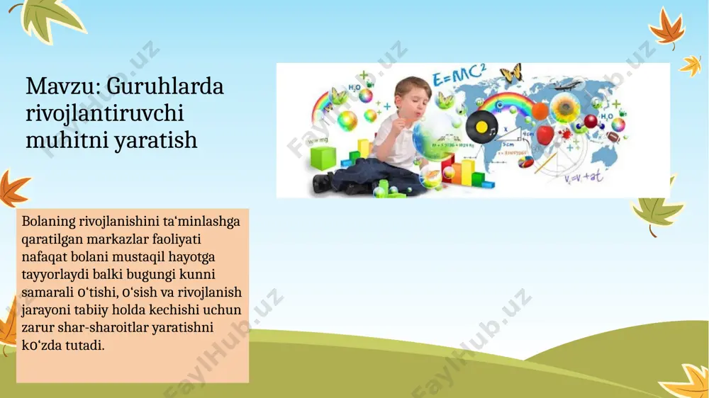 , tarqatmalar bо‘lishi 5 davomi 8. markazga tegishli mebel bolaning jismoniy holatiga va erkin harakatlana olishiga tо‘siq bо‘lmaydigan qilib joylashtirilgan bо‘lishi, bola о‘ziga tegishli jihozlarni bemalol harakatlantira olishi , nogironlarga mos mebel ham bо‘lishi kerak. 9. markazlardagi rivojlantiruvchi muhit tarbiyachilarga ham, bolalarga ham qulay bо‘lishi kerak. 10. bolaga erkin tanlash imkoniyatini berish va mustaqil qaror qabul qilishga undash muhim. 11. bolaning о‘z tengdoshlari bilan munosabatga kirishishiga yordam berish zarur. 12. markazlardagi bolalar faoliyati samarasi kundalik qilinadigan ishlarni biror jadvalda bola kо‘ra oladigan va tushunadigan holatda ilib qо‘yish. 6 «ilk va maktabgacha yoshdagi bolalarning rivojlanishiga qо‘yiladigan davlat talablari» va «ilk qadam» о‘quv dasturining ishlab chiqilishi uzluksiz ta‘lim tizimida maktabgacha ta‘limni samarali amalga oshirish uchun keng imkoniyatlar yaratdi. albatta maktabgacha ta‘limni ham shaklan, ham mazmunan yangilashga qaratilgan bu kabi innovatsiyalar ota-onalardan tortib barcha pedagoglar bola tarbiyasi, uning ta‘lim olishga tayyorgarligiga zamon talablaridan kelib chiqqan holda yondashuvini talab etadi. 7 maktabgacha ta‘lim muassasalari …