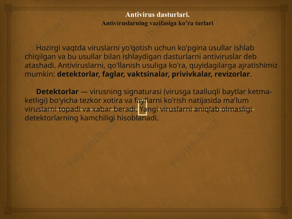atilish tarixi. 2. ikkinchi bosqich 90-yillarning o'rtalarida paydo bo'lgan ishlab chiqilgan ko'p vazifali operatsion tizimlar ishlab chiquvchilarni fayllarni tezda skanerlashi mumkin bo'lgan antiviruslarni (ularga kirishda) yaratishga undadi - on-access scanner yoki monitorlar. 21-asr antivirus sanoatiga, ehtimol, eng katta o'zgarishlarni olib keldi - "virus" atamasi o'ldi. zararli dastur tushunchasi almashtirildi. asta-sekin viruslarni yozish maqsadi o'zgardi - oddiy bezorilik yoki o'zini-o'zi tasdiqlashdan maqsad moliya sohasiga o'tdi va natijada fayllarni zararlaydigan klassik viruslar deyarli yo'qoldi. internet nafaqat viruslarga, balki tarmoqlarning rivojlanishi himoya strategiyasiga ham ta'sir ko'rsatdi. chuqurlikdagi mudofaa majburiy perimetr himoyasi - internet shlyuzlari va pochta serverlari bilan hukmronlik qila boshladi.  kompyuter antivirus yaratilish tarixi. 2. ikkinchi bosqich asta-sekin, asosiy e'tibor faqat ish stantsiyalarini himoya qilishdan ushbu maxsus himoya tugunlariga o'tkazildi. shunday qilib, biz asosan kompyuterni har tomonlama himoya qilishni ta'minlaydigan to'liq huquqli paketlar bo'lgan zamonaviy antivirus dasturlari ilgari yaratilgan barcha g'oyalar va himoya usullari to'plamidir, degan xulosaga kelishimiz mumkin.  kompyuter …