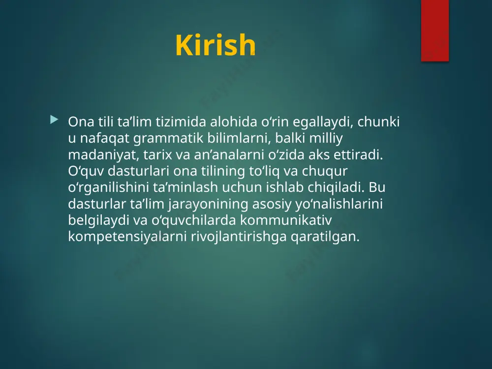irishiga, nutq madaniyatini rivojlantirishiga va milliy qadriyatlarni anglashiga xizmat qiladi. shunday qilib, ona tilini o‘rganish jarayoni nafaqat ta’lim, balki shaxsiy va ijtimoiy taraqqiyotning muhim omilidir. xulosa qilib aytganda, ona tili o‘quv dasturlari milliy tilimizni asrab-avaylash, uni rivojlantirish va kelajak avlodlarga etkazishning muhim omillaridan biridir. dasturlarni mukammal darajada ishlab chiqish va ularni amaliyotga to‘g‘ri tatbiq etish orqali biz ona tilimizning boy madaniy meros sifatida yanada yuksalishiga hissa qo‘sha olamiz. foydalanilgan adabiyotlar abdugʻafurov a., "ona tili va adabiyot oʻqitish metodikasi", toshkent: oʻqituvchi, 2018. bu kitob ona tilini o‘rgatishning nazariy va amaliy jihatlarini keng yoritadi. qo‘chqorova g., "boshlang‘ich sinflarda ona tili o‘qitish metodikasi", toshkent: universitet nashriyoti, 2020. boshlang‘ich taʼlim uchun o‘quv dasturlari va amaliy dars metodikalariga oid tavsiyalar mavjud. o‘zbekiston respublikasi xalq taʼlimi vazirligi, "ona tili fanidan davlat taʼlim standarti va o‘quv dasturi", toshkent: maʼrifat, 2021. rasmiy taʼlim dasturlari asosida ishlab chiqilgan materiallar. karimov s., "ona tilini o‘qitishda interaktiv metodlardan foydalanish", toshkent: innovatsiya, …