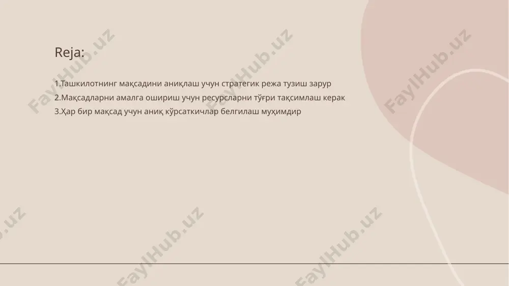 да ёрдам беради. мақсадларга эришиш учун жамоа ишлашини таъминлаш лозим • жамоа ўзаро ҳамкорлик - жамоа ичидаги тўғри ўзаро алоқалар мақсадларга эришиш учун керакли шарт-шароитларни яратади • узоқ муддатли натижалар - жамоа иши мамлакат ва жамият тараққиётида узоқ муддатли натижаларни таъминлайди ташкилотнинг мақсадларини мунтазам равишда қайта кўриб чиқиш керак • мақсадларнинг аҳамияти - ташкилот мақсадлари uning стратегиясини белгилайdi va иш самарадорлигини оширadi • мунтазам қайта кўриб чиқиш - мақсадларни қайта кўриб чиқиш жараёни ташкилотнинг ўзгартиришига ва мувофиқлаштиришига асосланади • янги шарт-шароитларга адаптация - маслаҳат ва янги тенденциялар асосида мақсадларни тўғрилаш зарур • ривожланиш учун ҳаракат - мақсадларни тизимли равишда текшириш ташкилотнинг ривожланиш стратегиясини самарали амалда кўрсатади мақсадларга эришишда инновацион ёндашувларни қўллаш муҳимдир • инновацион усуллар - инновацион усуллар иқтисодий ўсиш учун новаторлик ва янгиланишни таъминлайди • вақтни тежаш - инновацияларни қўллаш натижасида вақт тежанади ва самарадорлик ошади ташкилотнинг мақсадлари аниқ ва реал бўлиши керак • мақсадларнинг аниқлиги - ташкилотнинг мақсадлари …