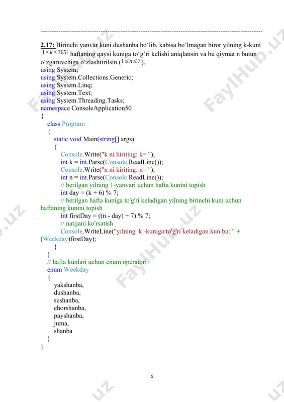 rhajmi = convert.todouble(console.readline()); console.write("tovar sonini kiriting: "); tovarsoni = convert.toint32(console.readline()); streamwriter writer = new streamwriter("c:\\export\\export.txt", false); double umumiyexporthajmi; umumiyexporthajmi = tovarsoni * tovarhajmi; console.writeline("umumiyexporthajmi = " + umumiyexporthajmi); writer.writeline("umumiyexporthajmi = " + umumiyexporthajmi); writer.close(); } } } 19.17: butun sonlar juftligi bilan berilgan ratsional sonlar ustida amal bajaruvchi ratsional sinfi aniqlansin. sinf obyektlari massivini yaratilsin va sinfning do‘st funksiyalari yordamida quyidagi masalalar yechilsin: a) berilgan a va b ratsional sonlarning tengligi tekshirilsin; b) berilgan a va b ratsional sonlar yig‘indisi r ratsionalga berilsin; d) berilgan r ratsional sonni qisqartirib bo‘lmaydigan ko‘rinishga keltirilsin; massiv ko‘rinishida berilgan ratsional sonlar ichida eng kattasi topilsin. using system; using system.collections.generic; using system.linq; using system.text; using system.threading.tasks; namespace _19_17_sinflar { class ratsional { public int a1, a2; public int b1, b2; public double a; public double b; public ratsional(int a1, int a2, int b1, int b2, double a, double b) { this.a1 = a1; this.a2 = …