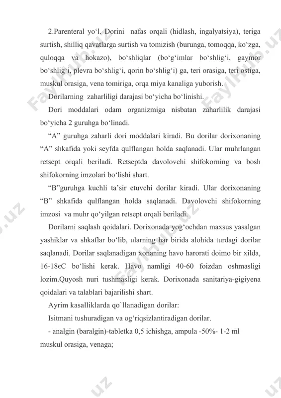 adrenalin, noradrenalin; - dofamin – 5 ml vena tomirida; - kofein, kordiamin, kamfora. mikroblarga qarshi qo‘llanadigan dorilar. - antibiotiklar; - sulfonilamidlar; - antiseptik va dezinfeksiyalovchi moddalar. antibiotiklar mikroorganizmlarga qarshi ta’sir doirasi bo‘yicha 5 guruhga bo‘linadi: gramm musbat mikroorganizmlarga ta’sir etuvchi antibiotiklar: - ampitsillin - 500 mg muskul orasiga; - ampioks - kapsula - 0,25 ichishga; - eritromitsin - kapsula, tabletka-0,1-0,5 ichishga, flakon-0,5 muskul orasiga, malham-10,0-15,0-30,0 teriga surtishga; - oksatsillin - flakon - 0,5 muskul orasiga; - oleandomitsin - tabletka - 0,1-0,2 ichishga. bu guruhdagi antibiotiklar quyidagi kasalliklarda qo‘llanadi: angina, zotiljam, revmatizm, sepsis, saramas, qoqshol, kuydirgi, so‘zak, meningit, yuqumli, ko‘z kasalliklari (kon`yuktibit), buyrak, o‘t pufagi, yallig`lanish kasalliklari va hokazo. gramm manfiy mikroorganizmlarga ta’sir etuvchi antibiotiklar: -polimiksin - 0,5 tab. ichishga, flakon 0,5 muskul orasiga, malham 30,0 gramm surtishga. bu dori enterokolit, kolit, dizenteriya, yiringli yara. ta’sir doirasi keng antibiotiklar: - tetratsiklin draje, tabletka - 0,1- 0,25 ichishga, malham 10,0g surtishga; - …