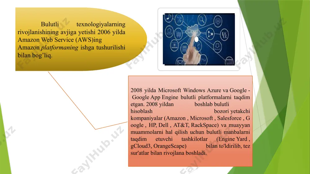 larining bosh harflaridan olingan bu xizmat turi nomi qaysidir turdagi xizmatni tashkil qilish uchun maydoncha (platforma) taqdim etadi. bu turdagi xizmatdan foydalanib saas xizmatini yaratish mumkin. iaas «infrastructure as a service» sizga infratuzilmani taqdim etadi. uning ichiga paas qurishingiz, paasning ustiga ega saas qurishingiz mumkin bo’ladi. infrastruktura boshqaruvi qo’lingizda bo’lganda siz tizimning deyarli barcha qismini to’liq o’zgartira olasiz. albatta, tizimning ishlab turishini ta’minlovchi premetiv jihatlarga ruxsat berilmasligi mumkin (masalan, xotira qurilmasini boshqarish, elektr toki ta’minotini boshqarish va h.k). platformaga joylangan yoki u yordamida yasaladigan dasturingizni to’liq boshqarishingiz hamda ma’lumotlar bazasiga to’liq egalik qila olasiz. sizga dasturingizni yaratish/yuritish uchun sharoit yaratib beriladi, ammo platformaning o’ziga ta’luqli bo’lgan, uning ish jarayoniga aloqador katta darajadagi narsalarni o’zgartira olmaysiz. bulutli hisoblashlarning xususiyatlari quyidagilar internetga ulangan har qanday kompyuterdan shaxsiy ma'lumotlarga kirish turli qurilmalar (kompyuterlar, planshetlar, telefonlar, va hokazo) ma’lumotlari bilan ishlash imkoniyati har qanday brauzerdagi turli xil operatsion tizimlar, veb- xizmatlar bilan ishlash imkoniyati …