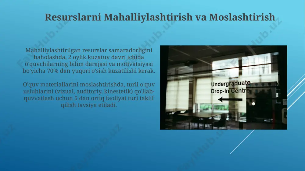 individual yondashuvni ta'minlaydi va individual o'rganish tezligini hisobga oladi. davlat siyosati va qonunchilikning roli davlatning ta’lim texnologiyalarini rivojlantirishga oid 2021-2026 yillarga moʻljallangan strategiyasi, 5 ta asosiy yoʻnalishni belgilaydi, jumladan, raqamli resurslarni yaratish va tarqatishni oʻz ichiga oladi. qonunchilik bazasida oʻquv jarayoniga zamonaviy texnologiyalarni joriy etishni ragʻbatlantiruvchi soliq imtiyozlari va boshqa preferensiyalar, 10 dan ortiq bandda aks ettirilgan. to'siqlar va muammolarni hal qilish мавжуд онлайн платформалар ва ресурсларнинг маҳаллий тилдаги контенти етарли эмаслиги, таълим материалларининг фақат 20%и ўзбек тилида бўлиши ўқув жараёнига тўсиқ яратади. ўқитувчиларнинг рақамли саводхонлиги даражаси пастлиги, 50% дан ортиқ ўқитувчиларнинг замонавий педагогик технологиялардан самарали фойдалана олмаслиги жиддий муаммодир. e'tiboringiz uchun rahmat @taqdimot_robot image1.jpg image2.jpg image3.jpg image4.jpg image5.jpg image6.jpg image7.jpg image8.jpg image9.jpg image10.jpg image11.jpg image12.jpg