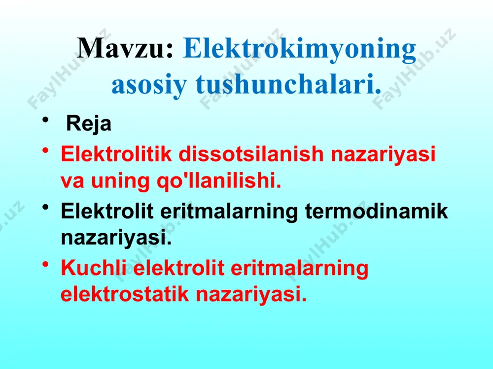 asiya) suyuqlanmalarada moddaning ionlarga parchalanishi sababi. qizdirish krisstall panjara tugunlarida ionlar tebranishishini oshiradi –kristall panjara buziladi. moddalarning suvda dissosiasiyalanish sababi 1. suv qutbli molekula xisoblanadi 2. suv ionlar o'z aro ta'sirini 81 marta kamaytiradi. suvning dipollari kristall panjarada «taqsimlanadi" kristallik panjara parchalanadi elektrolitlarning parchalanishida ionlar gidratlanadi u to'la qisqa ionli ko'rinishda quyidapgicha yoziladi agar molekulada har xil qutblangan elektrolit molekulasida birinchi navbatda ko'proq qutblangan bog'lar dissosiyalanadi nahso4 na+ + hso4- h++so4-2 elektrolit eritmalarining xossalari elektrolit eritmalarining xossalari kislota, ishqor va tuzlarning suvli eritmalaridagi zarrachalarning molyar konsentrasiyasi va elektr o'tkazuvchanligi yuqori eritmalari elektr tokini o'tkazuvchi bunday moddalar elektrolitlar deb ataladi. elektrolit eritmalarining xossalari elektrolitlarning xossalari elektrolitik dissosiyalanish nazariyasining asoschisi arrenius (1887 yil) tomonidan ko'rib chiqilgan va umumlashtirilgan. erituvchining qutbli molekulalari bilan erigan modda zarrachalari orasidagi ta'sir natijasida elektrolitik dissosilanish sodir bo'ladi. eritmada gidratlangan ionlarga aylanadi kovalent qutublangan birikmalarni dissossiyalanishi elektrolitlarning ushbu qonunlardan chetlanishini baholash uchun vant-goff osmotik koeffisient tushunchasini kiritishni taklif …