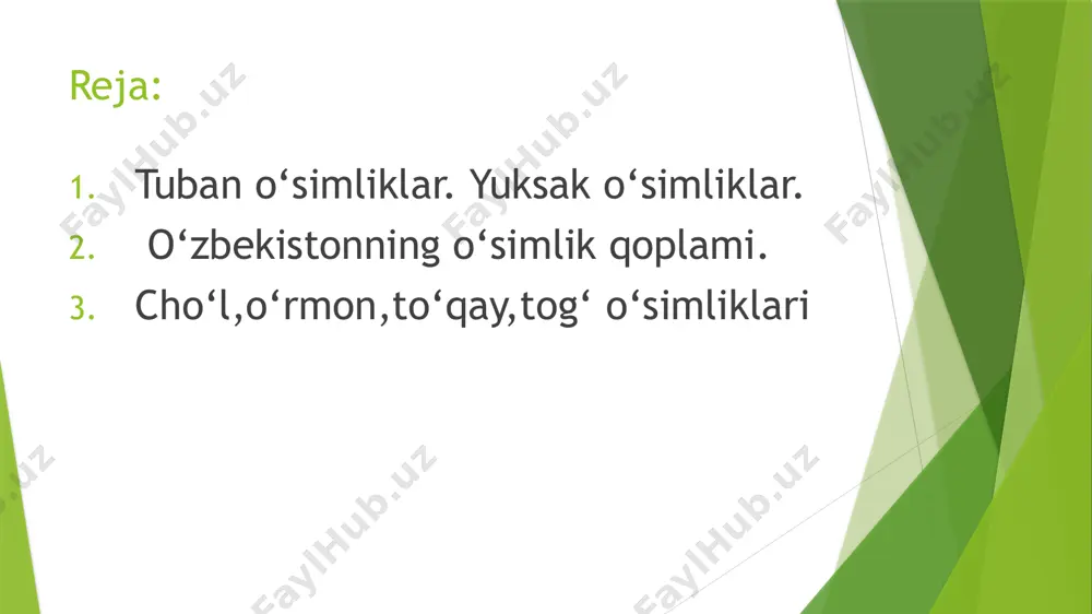 da karbondioksidni yutadi va kislorod chiqaradi. eroziyani oldini olish: tuban o‘simliklar tuproqni himoya qilib, eroziyani kamaytiradi. yuksak o‘simliklar yuksak o‘simliklar — balandligi yuqori bo‘lgan o‘simliklar bo‘lib, ular rivojlangan ildiz, barg va gullar tizimiga ega. bu o‘simliklar asosan suv, ozuqa va quyosh nurlari yordamida katta hajmda ozuqa ishlab chiqaradi. yuksak o‘simliklar o‘simliklar olamining eng rivojlangan guruhini tashkil qiladi. yuksak o‘simliklarga misollar: daraxtlar: akatsiya, qora qarag‘ay, archa, butalar: limon, smorodina, anor,atirgul o‘t-o‘simliklar:ajriq,qoqio’t yuksak o‘simliklarning xususiyatlari balandligi: yuksak o‘simliklar baland bo‘lib, 1 metr va undan yuqori bo‘ladi. tuzilishi: rivojlangan ildiz tizimi, barglar, gullar va mevalar mavjud. ko‘payish tizimi: yuksak o‘simliklar gullar va mevalar orqali ko‘payadi. morfologiya: ko‘p yuksak o‘simliklar ko‘p yillik bo‘lib, daraxt va butalar kabi strukturalarga ega yuksak o‘simliklarning tuzilishi yuksak o‘simliklar o‘zining rivojlangan morfologik tuzilishi bilan farq qiladi: rivojlangan ildiz tizimi: yuksak o‘simliklar tuproqda chuqur ildiz tizimiga ega bo‘lib, suv va oziq moddalari oladi. ko‘payish tizimi: ko‘p yuksak o‘simliklar rasmiy ko‘payish …