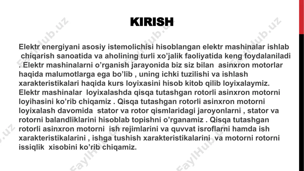 qlash 2-rasm eletromagnit yuklama va magnit induksiyani aniqlash stator cho’lg’ami pazlari, o’ramlari soni va kesm yuzalarini tish qatlami va xavo oralig’i o’lchamlarini aniqlash tish bo’linmasining chegaraviy qiymatlarini 3-rasmdan va bo’lishi mumkin bo’lgan tishlar soni oralig’ini aniqladim: tz1max=11 mm va tz1min=9 mm. bu qiymatlar yordamida stator pazlarini aniqlab oldim z = 54 ta . bu punktida asosan pazdagi oʻramlar sonini w=153 , elektromagnit yuklama a=27,127* a/m , mashina hovo oraligʻini magnit oqimini =6,5* vb va magnit induksiyalarni =0.91 tl hisobladim . stator choʻlgʻamidagi tok zichligini j1=6,26*10⁶ a/m² . 3-rasm . tish boʻlinmasining chegaraviy qiymatlari stator cho’lg’ami pazlari, o’ramlari soni va kesm yuzalarini tish qatlami va xavo oralig’i o’lchamlarini aniqlash stator tishining kengligi bz1=3,46 mm , stator pazining balandligi hp= 14,49mm va motorni statorini yuqori b1=5,04 mm va pastki tomoni uzunligi b2=4,16 mm , choʻlgʻam joylashdigan balandlik h1=13,66 mm va simlar joylashi uchun pazning koʻndalang kesim yuzasini s’p=50,804mm² boʻldi. ish rejimining parametrlarini …