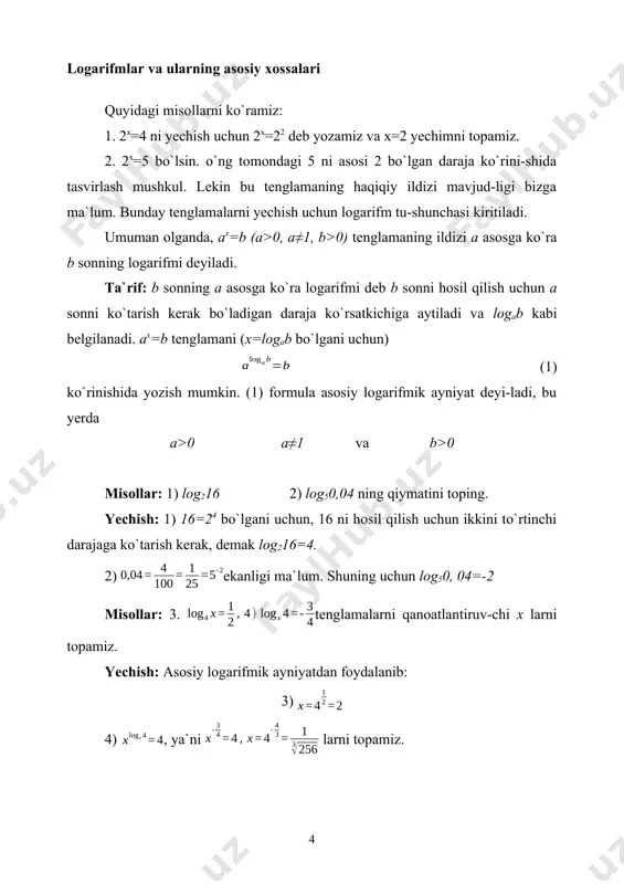 rishlardan keyin (1) yoki (2) ko`rinishga keltiriladi. (1) dan x=b va (2) dan x=ab yechimni topamiz. 1-misol. tenglamani yeching. yechish: berilgan tenglama x ning x2+5x+2=23 tenglik bajarila-digan qiymatlardagina qanoatlantiradi. bundan x2+5x-6=0 kvadrat teng-lamaga ega bo`lib, x1=1, x2=-6 yechimni topamiz. 2-misol. tenglamani yeching. yechish: bu tenglama x ning 2x+3>0 va x+1>0 shartlarni qanoat-lantiruvchi qiymatlari uchun aniqlangan. bu tengsizliklarni yechib teng-lamaning mavjudlik sohasi ni aniqlaymiz. berilgan tenglama 2x+3=x+1 tenglamaga teng kuchlidir. bundan x=-2 ni topamiz. ammo bu ildiz tenglamaning mavjudlik sohasiga kirmaydi. binobarin, berilgan tenglamaning ildizlari mavjud emas. 3-misol. tenglamani yeching. yechish: bu tenglama x ning x>0, x≠1( x- logarifmning asosi bo`l-gani uchun) shartlar va x2-3x+3=x yoki x2-4x+3=0 tenglik bajariladigan qiymatlardagina qanoatlantiriladi. hosil bo`lgan kvadrat tenglamaning ildizlari 1 va 3 bo`lib, x=1 berilgan tenglamaning yechimi bo`la olmaydi. demak, berilgan tenglamaning ildizi faqat x=3. 4-misol. tenglamani yeching. yechish: bu tenglamaning mavjudlik sohasi bo`ladi. x asosli logarifmdan 5 asosli logarifmga o`tib, ni, bun-dan ni …