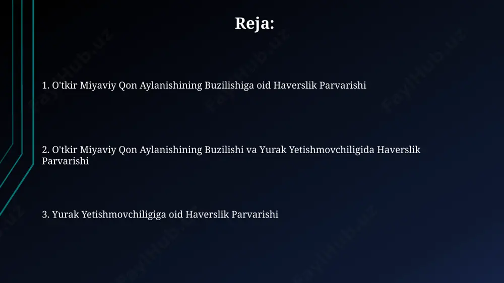 g nafas olishini kuzatish juda muhimdir. agar nafas olish tezligi daqiqasiga 24 dan oshsa, tez yordam chaqirish kerak. bemor va oila a'zolarini o'qitish bemorga kuniga kamida 2 marta, qon bosimini va pulsini o’lchashni, har qanday o’zgarishlarni shifokorga darhol xabar qilishni o'rgatish kerak. miyada qon aylanishining buzilishi va yurak yetishmovchiligi belgilari (ko’krak og’rig’i, nafas qisilishi, zaiflik) haqida bemor va uning oilasiga 3 ta asosiy belgini tushuntirish va favqulodda yordam chaqirish zarurligini ta’kidlash muhim. o'tkir miya qon aylanishining buzilishiga birinchi tibbiy yordam bemorning nafas olish tezligini va qon bosimini nazorat qilish, shuningdek, miya qon aylanishini yaxshilash uchun kislorod terapiyasi va boshni ko'tarilgan holatda ushlab turish muhim ahamiyatga ega. o'tkir miya qon aylanishining buzilishiga shubha qilinganda, bemorni darhol 103 raqamiga qo'ng'iroq qilish va tez tibbiy yordam chaqirish zarur, chunki har 10 soniya hisobga olinadi. miya qon aylanishining buzilishi: belgilari va turlari insultning klinik belgilari tezda paydo bo'ladi va ularga bir tomonlama zaiflik (parez …