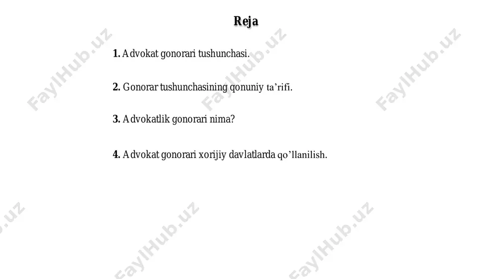 muvaffaqiyat gonorari to‘g‘risida kelishuv tuzish taqiqlangan. germaniya “erfolgshonorare” advokatura rossiyada advokat gonorari ayni paytda, rossiya federatsiyasida ham «muvaffaqiyat gonorari» taqiq­langan. ammo joriy yilning 10-yanvar kuni davlat duma­siga advokatlarning «muvaf­faqiyat gonorari»ni joriy etishni nazarda tutuvchi qonun loyihasi muhokamaga kiritilgan. unga muvofiq, advokat advokatlar federal palatasi kengashi tomonidan belgilangan qoidalarga asosan yuridik yordam ko‘rsatish to‘g‘risidagi shartnomada yuridik yordam natijasiga bog‘liq holda ishonch bildiruvchi shaxs tomonidan mukofot miqdori va (yoki) to‘lovi amalga oshirilishi mumkin. advokatura manbaalar ro’yxati. 1. xushnudbek.uz 2. ciberleninka 3. google scholar 4. advokatnew.uz 5. wikipedia 6. “advokatura” darslik 7. “advokat «muvaffaqiyat gonorari» olishi mumkinmi?” ilmiy maqolasi 8. “процентное выражение гонорара успеха относительно суммы иска” ilmiy maqolasi 9. “понятие гонорара успеха. проблемы установления гонорара успеха” ilmiy maqolasi 10. “как в мире регулируются гонорары адвокатов?” ilmiy maqolasi