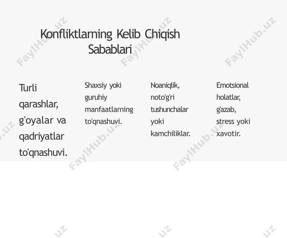 a shuni rejalashtirib, harakat olib borasiz. aslida, konflikt yechimi “to‘g‘ri” yo‘l ekanligini bilmaysiz, yoki unga ishonmaysiz kompromiss (kelishuvchanlik) usuli – «tulki» «men siz uchun hamma narsaga tayyorman. men siz uchun foydali bo‘la olaman-mi?!» siz har bir konfliktda o‘ziga xos yechim mavjudligini bilasiz. ammo konflikt yechimi uchun ko‘p vaqt va sa’y–harakat ishlatishni istamaysiz. shu bois, eng yengil va tezkor yechimni qidirasiz. buning uchun xushomad, maqtov, joningizni jabborga berish, riyokorlik, birovlarga yoqishga harakat qilasiz. sizning shioringiz – “avval orqaga bir qadam, keyin oldinga ikki qadam”dir hamkorlik usuli – «boyo‘g‘li» «men hamkorlikka doim tayyorman!» siz o‘z xarakteringiz, bilimingiz va o‘zingizni tutishingiz bo‘yicha doimo hamkor rolini o‘ynashga tayyor odamsiz. siz hamkorlik uchun ochiq va hozir inson hisoblanasiz. shu bois, konflikt vaziyatda sizning butun diqqat–e’tiboringiz konflikt yechimini topshiga qaratilgan bo‘ladi. siz hech kimni qoraralamaysiz, hech kimni ayblamaysiz shunday qilib, konfliktlarni boshqarish usullari mavjud bo‘lib, har bir inson o‘z xarakteriga oid usulni qo‘llaydi. konfliktlarni boshqarish usullarini …