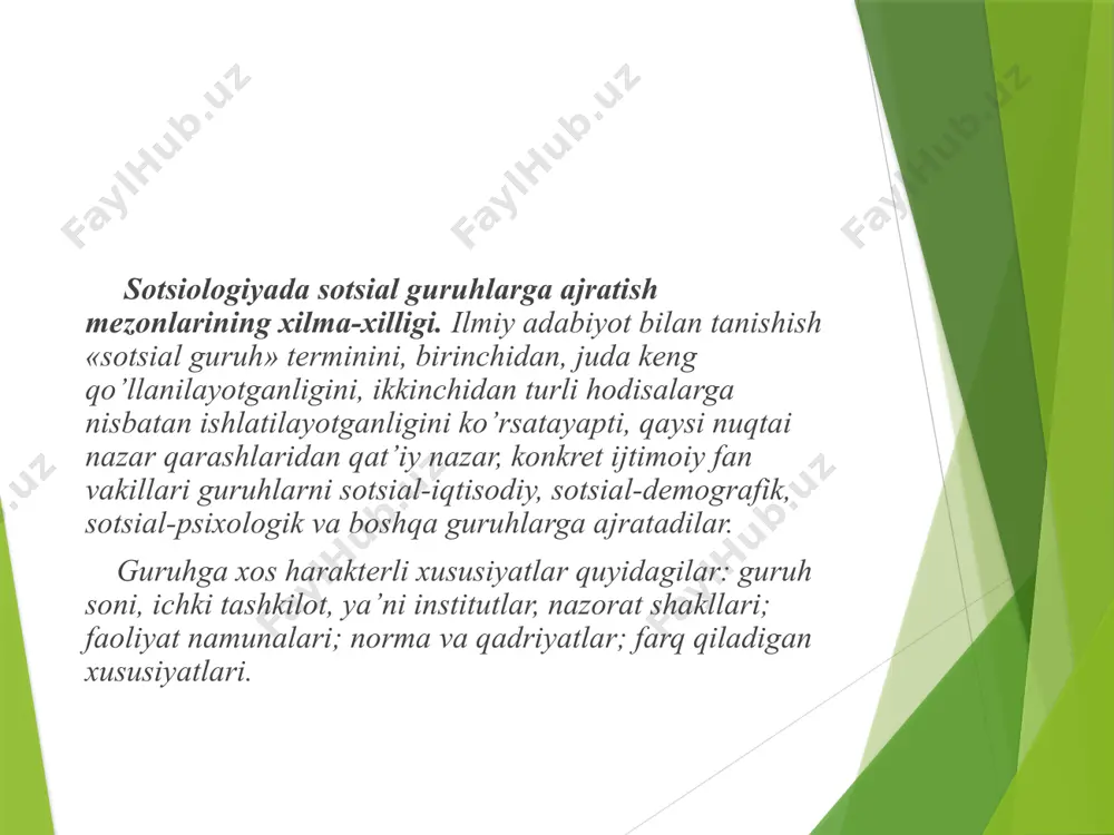 shi, maqsadlarning umumiyligi, guruhga a’zo bo’lishning erkinligi va a’zolar hatti-harakati ustidan norasmiy nazorat. shunga muvofiq, «birlamchi guruh» termini turli ko’rinishdagi kichik guruhlarni aniqlash va «ikkilamchi guruh» terminiga qarama-qarshi tarzda qo’llaniladi. birlamchi guruh eng avvalo oiladir, guruhni birinchi navbatda oila a’zolarining manfaatlari bog’laydi. referent va a’zoli guruhlar. kichik guruhlarni o’rganishning jihatlaridan biri bo’lib, «referent guruh» termini amerikalik sotsial psixolog mustafo sherif tomonidan kiritilgan. «referent guruh» termini (inglizcha so’z, «mansub bo’lish» degan ma’noni anglatadi) individ ongli ravishda kiradigan sotsial guruhlarga (iqtisodiy, siyosiy, madaniy, kasbiy) nisbatan ishlatiladi. inguruh va autguruh - individ o’zining mansubligini belgilaydigan guruhlar hisoblanadi. inguruh bu individ tomonidan o’zini muayyan guruhga taalluqli, mansub deb qaraydigan guruhlarga aytiladi. masalan, “mening talabalik guruhim”, “mening oilam”, “mening tashkilotim”. undan farqli ravishda autguruhlarga nisbatan individ bunday yaqinlikni sezmaydi. o’zi bevosita mansub bo’lmagan guruhlar to’g’risida individ “ular” degan tushunchani ishlatadi. inguruh a’zolari o’rtasida ruhiy yaqinlik, umumiy qiziqishlar, qadriyatlar, maqsadlar kuzatiladi.