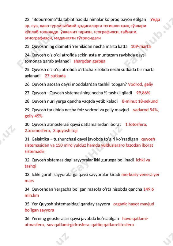 rta aylanadi 27-sutkada 26. quyosh asosan qaysi moddalardan tashkil topgan? vodrod, geliy 27. quyosh - quyosh sistemasining necha % tashkil qiladi 99,86% 28. quyosh nuri yerga qancha vaqtda yetib keladi 8-minut 18-sekund 29. quyosh tarkibida necha foiz vodrod va geliy mavjud vadarod 54%, geliy 45% 30. quyosh atmosferasi qaysi qatlamalardan iborat 1.fotosfera, 2.xromosfera, 3.quyosh toji 31. galaktika – tushunchasi qaysi javobda to‘g‘ri ko‘rsatilgan quyosh sistemasidan va 150 mlrd yulduz hamda yulduzlararo fazodan iborat sistemadir. 32. quyosh sistemasidagi sayyoralar ikki guruxga bo‘linadi ichki va tashqi 33. ichki guruh sayyoralarga qaysi sayyoralar kiradi merkuriy venera yer mars 34. quyoshdan yergacha bo‘lgan masofa o‘rta hisobda qancha 149,6 mln.km 35. yer quyosh sistemasidagi qanday sayyora organic hayot mavjud bo’lgan sayyora 36. yerning geosferalari qaysi javobda ko‘rsatilgan havo qatlami-atmasfera, suv qatlami-gidrosfera, qattiq qatlam-litosfera 37. biosfera yerning qanday qobig‘i hayot qobigi 38. quyosh markazida tempuratura necha darajada bo‘ladi 20mln 39. «tabiatshunoslik» fani rivojlanishi 1 bosqichi qaysi …