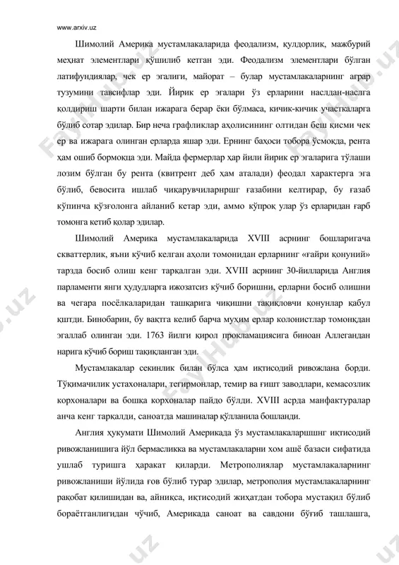 олий америкада ўз мустамлакаларшшнг иқтисодий ривожланишига йўл бермасликка ва мустамлакаларни хом ашё базаси сифатида ушлаб туришга ҳаракат қиларди. метрополиялар мустамлакаларнинг ривожланиши йўлида ғов бўлиб турар эдилар, метрополия мустамлакаларнинг рақобат қилишидан ва, айниқса, иқтисодий жиҳатдан тобора мустақил бўлиб бораётганлигидан чўчиб, америкада саноат ва савдони бўғиб ташлашга, мустамлакаларни ўзининг хом ашё базаси ҳамда товарларини сотадиган бозор сифатида сақлаб қолишга интилар эди. англия ҳукумати мустамлакаларда кўпгина саноат моллари ишлаб чиқаришни, саноат корхоналари қуришни, шунингдек англиядан мустамлакаларга усталар, машиналар ва ихтиролар олиб боришни тақиқловчи кўпдан-кўп фармойишлар чиқарди. 1750 йилда парламент мустамлакаларда темир қирқувчи ва прокат қилувчи корхоналар қурипши ва уларни кенгайтиришни, мих ва асбоб-ускуналар ясаш учун кетадиган сифатсиз темир-пўлатдан ташқари, тайёр буюмлар ишлаб чиқаришни тақиқлаб қўйди. англия буржуазияси мустамлака бозорида ўз монополиясини сақлаб қолишга интилиб, ўз мустамлакаларига бошқа мамлакатлар ва уларнинг мустамлакалари билан бевосита савдо-сотиқ ишлари олиб боришни ман этди. темир, мис рудаси, тамаки, мўйналар ва бошқа буюмлар ҳамда маҳсулотлар фақат метрополияларга жўнатилиши керак …