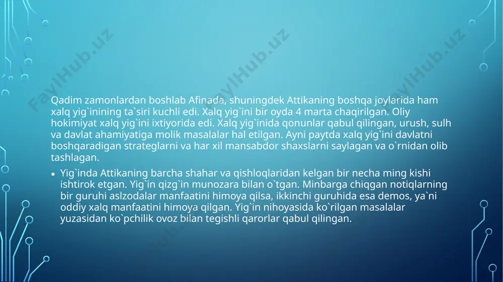 avdo-sotiq ishlari olib borilgan. kechgacha borib savdo-sotiq tugagach, peshtaxtalar yig`ib olingan. agoraning bir tomonida afina davlatining qonunlari o`yib yozilgan tosh taxtalar turgan. unda xalq yo`g`ini bo`ladigan kun va sudda qanday ishlar ko`rinishi to`g`risidagi bildirishlar osib qo`yilgan. xalq yig`ini bo`ladigan kuni boylar ham, hunarmandlar ham, bozorda buyumlarni sotib bo`lgan savdogaru dehqonlar ham, xullas hamma agorada to`planishgan. afinaliklar agorada turli yangiliklardan xabardor bo`lishgan. qadimgi yunonlar uchun agorada borish, bizning zamondagi odamlar uchun gazeta, radio va televideniya qanday ahamiyatga ega bo`lsa, xuddi shunday ahamiyatga ega edi. o`spirinlar, yigitlar va katta yoshdagi erkaklar gimnasiylarda to`planishar edilar. bu yerda mashhur olimlar ma`ruzalar o`qigan, suhbatlar o`tkazib turilgan. shu yerning o`zida yunonlar tajribali muallim rahbarligida kurash, har xil o`yin va mashqlar bilan shug`ullanganlar. konsertlar quyiladigan katta binoda yunonistondagi eng yaxshi sozanda va xonandalar musobaqalari o`tkazilgan. musobaqalarda ko`plab musiqa ishqibozlari ham to`plangan, kim yutib chiqqanligini ham shular belgilagan. yiliga bir necha marta teatr tomoshalari qo`yilib, turilgan va bu …