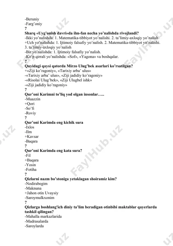 a g‘arbiy evropa mamlakatlarida oliy ma’lumot beradigan o‘quv yurtlari sifatida universitetlar paydo bo‘la boshlaydi. -xii asrning ikkinchi yarmida -xv asrning boshida +xii-xiii asrda -xiii asrning oxirida ? qaysi asarda dehqonlarga nisbatan: “o‘zing bular bilan aralashgin, qo‘shilgin, tilda yaxshi so‘zla, yuzungni ochiq tut”deya ta’rif berilgan? +qutadg‘u bilig -hayrat ulabror -mahbub ulqulub -hibat ulhaqoyiq ? qadimgi yunoniston va rimda yashab, o’z asarlarida ilk pedagogik g’oyalarni olg’a surgan olimlar kimlar edi? +demokrit, aflotun, arastu, kvintilian -ptolomey, kvintilian, bernard shou -gippokrat, tomas mor, xampanella -ernest xeminguey, stendal, motsart ? qadimgi madaniy boyliklarimizni o’rganishdagi manbalar qaysi javobda to’liq o’z aksini topgan? +xalq og’zaki ijodi, allomalarning asarlari, arxeologik qazilmalar natijasida topilgan ashyolar -xalq og’zaki ijodi materiallari -buyuk adiblar, allomalarning ijodiy merosi -etnografiya va arxieologiya materiallari ? qadim zamonlardan mavjud bo‘lgan o‘qitishning eng qadimgi shakli – bu: -sinfdars -ma’ruzaseminar -laboratoriya +individual ? pestalotsining fikricha tarbiyaning nechta bosqichlari bor? -3ta -4 ta -6 ta +5 ta ? pestalotsi …