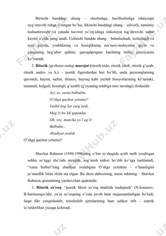 lan, “o’zbakni yurak”ning donishmand shoir mirtemirning “men seni...” she’ridan bir necha bayt tinglaylik: men seni injitmayman va lekin tinchitmayman... sarotonda sel bo’lib lolazor yaratgayman. qahramonda yel bo’lib gul atrin taratgayman. yo’l yurib cho’llab qolsang, shildiragin buloqday. yoki dashtga yo’l solsang, yastangayman o’tloqday. istab qolsang soyabon, men darrov chinor bo’lgum, cho’mor bo’lsang nogihon, men darrov anhor bo’ldim. kezar bo’lsang bog’ingda, pichirlashgum misli barg. kuyib seni dog’ingda bo’lmasaydim juvonmarg... men seni tinchitmayman va lekin intijmayman. mana shu go’zal she’rda antiteza vositasi shunchalik zarurki, faqat uning orqaligina insoniy sof tuyg’u – “mehrigiyo”ga boy go’zallikning sevgisiga sodiqlik yonadi, charx uradi, bo’zlaydi, tutiyonalanadi, zyolanadi, tovlanadi; kitobxonni mahliyo etadi. 5. parallelizm(gr.parallelos-yonma-yon boruvchi) – ikki yoki undan ortiq hodisa, narsa, predmet kabilarni yonma-yon tasvirlash(zidlashtirish, qiyoslashtirish, muqoyasalashtirish) orqali-asardagi poetik fikr(g’oya)ni konkretlashtirish, uning ta’sirchanligini kuchaytirish vositasidir. mirtemirning yosh qalamkashlarga atagan “kipriklarim” she’ri buning misoli bo’la oladi: kipriklarim qo’ng’irmikan yo qora? kipriklarim yuztamikin yo ming? kipriklarim muncha aziz va sara, …