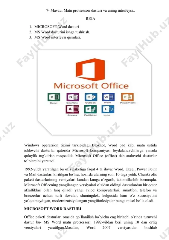 eng tarqalgan va muharirlar faqatgina windows dasturi muhitida ishlaydi. o ` qituvchining vazifasi : micro soft word dasturi haqida ma’lumot berish. ms word dasturini ishga tushirishni o ` rgatish . ms word interfeysi qismlari haqida o`rgatish o`quv faoliyati natijalari : talabaning vazifasi : microsoft word dasturi haqida ma’lumot ega bo`ladilar. ms w ord dasturini ishga tushirishni o`rganadilar . ms word interfeysi qismlari haqida ma’lumotlarga ega bo`ladilar. o`qitish texnologiyasi va usullari: vizual – ma ’ ruza, texnologiyalar: aqliy h ujum, , savollar. o`qitish vositalari: lazerli proektor, ax borot ta ’ minoti, vizual materiallar, qog`oz varag`i, ma ’ ruza matnlari, o`quv materiallari. o`qitish shakllari: frantal, jamoaviy ishlash. o`qitish sharoiti: o`tv - dan foydalanishga mo`njallangan auditoriya. /docprops/thumbnail.emf amaliy o`quv mashg’ulotining o`qitish texnalogiyasi 7-mavzu: matn protsessori dasturi va uning interfeysi.. o’quv mashg’ulotining o`qitish texnalogiyasi xaritasi talabalar soni: ____ o`quv soati - 2 soat o`quv mashg`ulot shakli: amaliy .yangi va o`rganilgan bilimlar bo`yicha mashg`ulot. ma’ruza …