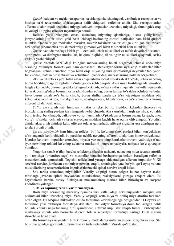 di shuning uchun ham orqa miyaning 4-bo‘yin segmkntining yuqorisidan qirqib qo‘yish natijasida nafas olish to‘htaydi (orqa miyaning 4-bo‘yin segmentidan yuqoridagi neyronlarning o‘siqlari diafragma nervini hosil qiladi). nafas markazining ritmik faoliyati uzunchoq miya bilan orqa miyadagi boshqa markazlar holatiga ta'sir etadi. yurak faoliyatini idora qiluvchi markaz bilan nafas markazi o‘rtasidagi bog‘lanish ayniqsa yaqqol ko‘rinadi. nafas-yurak refleksi, yoki nafas aritmiyasi shu bog‘lanish natijasidir. bu refleks shundan iboratki, nafas chiqarishning ohirida navbatdagi nafas olishdan oldin yurak faoliyati to‘g‘ri davriylik bilan sekinlashadi. orqa miya markazlari bilan nafas markazi o‘rtasidagi bog‘lanish l.a.orbeli bilan k.i.kunsman tajribasida ko‘rsatib beriladi. itning bir oyoq panjasi deafferentatsiyalangach, ya'ni shu oyoqdan orqa miyaga impuls o‘tkazuvchi orqa ildizlar qirqib qo‘yilgach, keyingi oyoq itning nafas olish ritmiga muvofiq harakatlanganini l.a.orbeli bilan k.i.kunsman kuzatishgan. deafferentatsiya orqa miyaning tegishli qismlaridagi tormozlanish jarayonlarini izdan chiqargan, shunga ko‘ra orqa miyaning motor markazlari nafas markazlaridan retikulo-spinal yo‘llar orqali o‘ziga keluvchi impulslarga qo‘zg‘alish bilan reaksiya ko‘rsatgan. o‘pka, nafas yo‘llari …