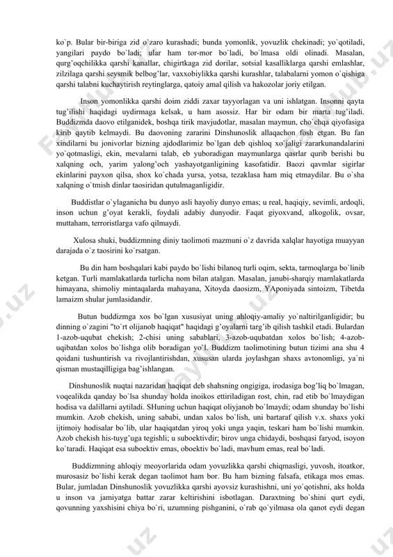 r bilan birga zardushtiylik va buddizm, so`ngroq xristianlik ancha keng tarqalgan. sho`rolar davrida ayritom, qora tepa, dalvarzin tepa, quva zartepalarida arxeologiya ishlari tashkil etilganda bu erlarda zardushtiylarning otashxonalari. buddaning sanam, katta va kichik xaykalchalari topilgan. uy hayvonlarining haykalchalari, ramziy g’ildiraklar bor bo`lgan. zarb etilgantangalar ortida turli xudolar-quyosh,olov, omad va maomurchilik xudolari va hakozolar tasvirlangan. demak, kushon va eftalitlar madaniyatida maojusiylik,fetishizm, otashparastlik, keyin buddaviylik diniy eotiqodlari tarqalgan. buddizm markaziy osiyoda v-viii asrlarda krizisga uchrab tarqalib ketgan. xulosa shuki, buddizm milloddan avvalgi 1-ming yillik boshida vujudga kelib, hinditonda qaror topgan. hozirgacha uning bir ko`rinishi hinduizm davlat dini va hukmron mafkura hisoblanadi. bu erdan kushon podsholigi va eftalitlar davlati xududlarigacha tarqalib, ular tor-mor etilgach, parchalanib, o`rniga islom tarqatilgan; shundan so`ng uning ayrim asoratlari qolgan. uning haykallari markaziy osiyoda yuqorida qayd qilingan tepalarda topilgan. buddizm taolimotining asoslari uning tripitaka nomli muqaddadas yozuvida bayon etilgan. bu taolimotda salbiy, zararli, g’ayri ilmiy g’oyalar anchagina bor. masalan, …