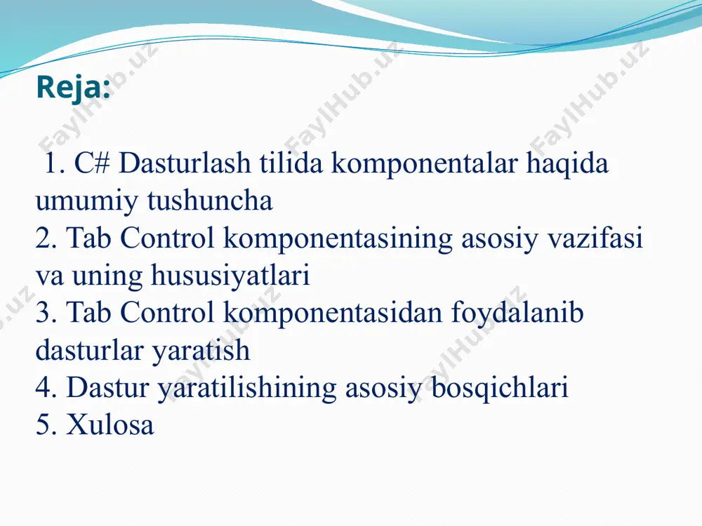 windows apliction dasturlash muhiti ham mavjud. bu muhitda biz interfeysga ega bo’lgan dasturlarni yarata olamiz. hozirgi zamonaviy dasturlash tillarida interfeysli dasturlashga katta ahamiyat qaratilgan. microsoft windows operatsion tizim uchun dastur tuzishda visual studio 2012 muhitida c# dasturlash tilidan foydalanishimiz mumkin. visual c# dasturlash tilida form sinfini yaratish uchun yangi loyiha yaratiladi. loyihani yaratish quyidagicha amalga oshiriladi: (1-rasm) tab control komponentasi tab control komponentasi sahifalarni qurishni tashkil qiladi, qaysiki bu sahifalar yaratilganda ular bir-birini berkitib qo’yadi va shu orqali sahifalarni varaqlash imkoni mavjud bo’ladi. tab control komponentasi form oynasini imkoniyatlarini yanada oshirish mumkin. tab control komponentasini form oynasiga tashlaganimizdan so’ng yuqoridagi rasmda tasvirlangan ko’rinish hosil bo’ladi. biz sahifalar sonini istalgancha qo’shishimiz yoki ularning sonini kamaytirishimiz mumkin bo’ladi. tabcontrol komponentasida tabpage obyektlari mavjud bo’lib, shu obyektlar varaqni hosil qiladi va tabpagelarning o’zini alohida xossa va xodisalari mavjud. tabcontrolga yangi sahifani qo’shish uchun tabcontrol tasks dialog oynasini ochish kerak bo’ladi. u yerda 2 …