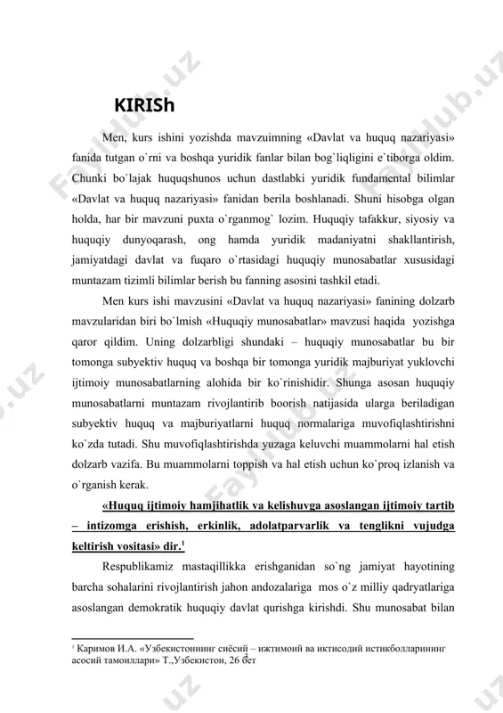 uquq normalari bilan mustahkamlangan huquq va majburiyatlar orqali amalga oshadigan aloqadir.” huquq tabiiy narsa sifatida amaldagi qonun ideali. u bilan aloqada bo`lgan huquqiy munosa​batlar esa qonun bilan tartibga solib turiladigan ijtimoiy munosabat idealidir.“huquqiy munosabatlar ijtimoiy munosabatlarning xar xil ko’rinishlari, shuningdek, kishilar o`rtasidagi ijtiomiy aloqalar hisoblanadi. ular individlarni faoliyatiga va yashashlariga ko’ra birlashtiradilar.” inson tabiatida, inson hayotida tabiiy huquqning shakllanishi, erkinlik qoidalari huquqiy munosabatlarning shakllanish jarayoni bilan parallel shaklda, bir-biriga bog`liq, bo`lmagan holda boradi. amaldagi qonun normalarida yuridik normalar va huquqiy munosabat​larning o`zaro bog`liqligi ancha kuchli. sohiblar bir-biri oldida tegishli subyektiv huquq va majburiyatlarni o`taydilar. huquqiy munosabatlar ishtirokchilarining huquq va majburiyatlari bir biri bilan o`zaro mutanosib tarzda bog`liq bir tomonning huquqiga ikkinchi tomonning majburiyati muvofiq keladi masalan: ishga olish bilan bog`liq huquqiy munosabatni olaylik. bunda, ishga qabo`l qilingan hodimda muayyan hodim faoliyatini amalga oshirish majburiyati, korxona ma’muriyatida esa tegishli ish haqi to`lash majburiyati paydo bo`ladi. ayni paytda ikkala sohib ham qonunda …