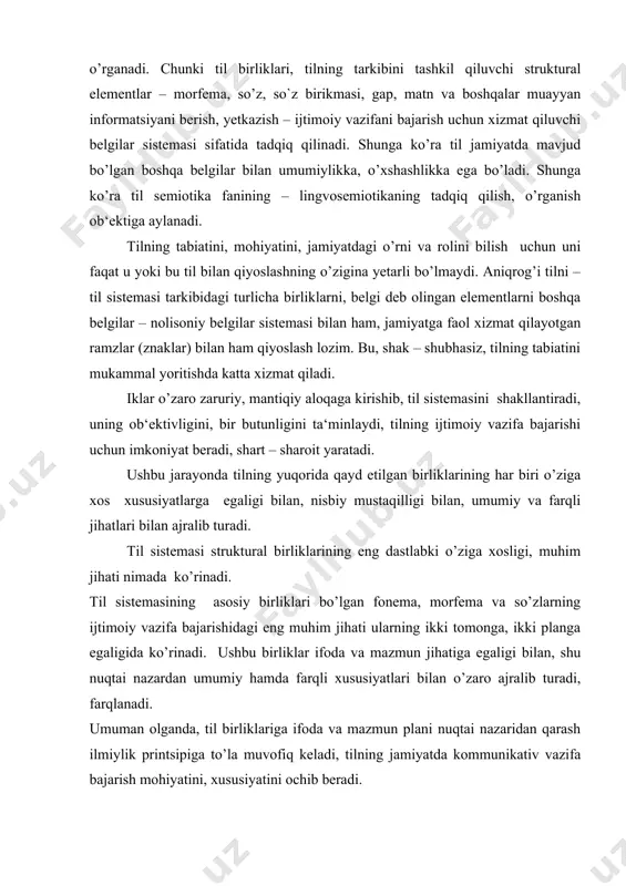 azmun plani nuqtai nazaridan qarash ilmiylik printsipiga to’la muvofiq keladi, tilning jamiyatda kommunikativ vazifa bajarish mohiyatini, xususiyatini ochib beradi. eslatamiz, tabiatda ham, jamiyatda ham mavjud har bir narsa, hodisa – falsafiy ma‘nodagi predmet shakl (tashqi) va mazmun (ichki) tomonlariga ko’ra baholanadi, muayyan ahamiyatga ega bo’ladi, turli fanlar nuqtai nazaridan tadqiq qilinadi. tilning eng kichik birligi bo’lgan tovush (fonema) shakl va mazmun jihatiga ko’ra o’ziga xos bo’lib, morfema va so’zlardan farqlanadi. tovush (fonema), qayd etilgan xususiyati nuqtai nazaridan, faqat bir tomonga – ifoda tomoniga egadek ko’rinadi. u morfema va so’z kabi muayyan ma‘no, tushuncha – mazmun bilan bog’lanmaydi, ma‘no ifodalamaydi. shu nuqtai nazardan tovush (fonema) bir tomonlama birlikka o’xshaydi. ammo tovush (fonema) faqat ifoda jihatiga, moddiylik xususiyatiga egaligidan tashqari, ayni vaqtda, u dastavval til birliklarining tashqi – ifoda jihatini tashkil qiladi va ularni shaklan – tovush tizimiga ko’ra farqlaydi. shunga ko’ra til birliklarining ma‘nosi o’zgaradi, o’zaro farqlanadi. demak, tovushlarning (fonemalarning) ma‘no …