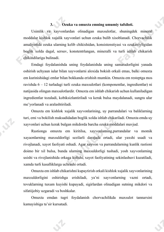 h xayvonlarning usishi va rivojlanishida orkaga kolishi, xayot faoliyatining sekinlashuvi kuzatiladi, xamda turli kasalliklarga uchrashi ortadi. omuxta em ishlab chikarishni kupaytirish orkali kishlok xujalik xayvonlarining maxsuldorligini oshirishga erishiladi, ya’ni xayvonlarning vazni ortadi, tovuklarning tuxum kuyishi kupayadi, sigirlardan olinadigan sutning mikdori va sifatiijobiy uzgaradi va boshkalar. omuxta emdan tugri foydalanish chorvachilikda maxsulot tannarxini kamayishiga ta’sir kursatadi. 4. omuxta em turlari. fizikaviy xolati buyicha omuxta emning kuyidagi turlarii mavjud: sotiluvchan, briketlangan, donalar va galet kurinishidagi emlar. sochiluvchan omuxta em etarlicha bir xil maydalangshan maxsulotdir. sochiluvchan omuxta em ishlab chikarishda ingredientlar begona aralaashmalardan tozalanadi, kobiksizlantiriladi, maydalanadi. shunchaday kilib tayyorlanadigan ingredientlar me’yorlagich va arlashtirgich orkali utkaziladi. briketlangan omuxta em odatda tulik rastionli xolda ishlab chikariladi. briketlar sakkizburchak shaklli bulib, uzunligi 160 – 170 mm, kengligi 70 – 80 mm, kalinligi 30 – 60 mm. ularni ishlab chikarish uchun maydalangan ingredientlar bilanmaydalangan pichan aralashmasi tayyorlanadi. olingan okuvchan massa maxsus aralashtirgichga tushadi, va bir vaktning uzida …