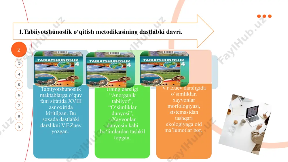 1962, prof.b.v.vsesvyatskiyning biologiyaning umumiy o‘qitish metodikasi” m.1960, n.m.verzilin va v.m.korsunskayalarning “biologiya o‘qitishning umumiy metodikasi” m.1983, prof. i.n.ponamaryova taxriri ostida nashr qilingan “biologiya o‘qitishning umumiy metodikasi” m.2003 kabilarni kiritish mumkin. respublikamizda biologiya o‘qitish metodikasiga oid tadqiqotlar xx asrning ikkinchi yarmidan boshlanadi. 1961 yili nizomiy nomidagi toshkent davlat pedagogika instituti (hozirgi ped. universitet)da “biologiya o‘qitish metodikasi” kafedrasi tashkil qilindi. o‘zbekiston uchun emas, balki qardosh qozog‘iston, turkmaniston, tojikiston, qirg‘iziston respublikalari uchun ham 15 dan ortiq yuqori malakaga metodist olimlar-fan nomzodlari yetishtirib berdi. metodist olimlardan i.a.norbekov, m.maxkamov, a.t.g‘ofurov botanika, zoologiya fanidan o‘tkaziladigan ekskursiyalarning xillari, ularni o‘tkazish metodikasi, unda o‘quvchilar tomonidan olib boriladigan kuzatishlar, tajribalarni hal qildilar. 7 3 1 4 2 6 5 8 9 “ekologiya” iborasi ilmiy tushuncha sifatida fanga ilk bor 1866-yilda nemis tabiatshunosi e. hekkel (1834-1919) tomonidan kiritilgan. e.hekkel o‘zining “olam yaralishining tabiiy tarixi” kitobida ekologiyaga shunday ta’rif beradi: “ biz ekologiya deb tabiat iqtisodiyotiga mansub bo‘lgan bilimlar majmuasini tushunamiz “elologiya” …