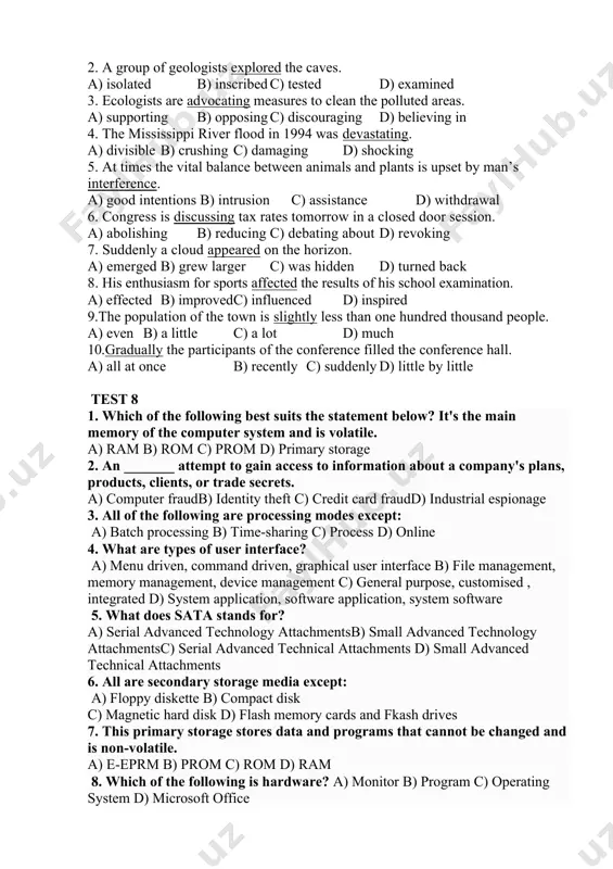 bout a company's plans, products, clients, or trade secrets. a) computer fraudb) identity theft c) credit card fraudd) industrial espionage 3. all of the following are processing modes except: a) batch processing b) time-sharing c) process d) online 4. what are types of user interface? a) menu driven, command driven, graphical user interface b) file management, memory management, device management c) general purpose, customised , integrated d) system application, software application, system software 5. what does sata stands for? a) serial advanced technology attachmentsb) small advanced technology attachmentsc) serial advanced technical attachments d) small advanced technical attachments 6. all are secondary storage media except: a) floppy diskette b) compact disk c) magnetic hard disk d) flash memory cards and fkash drives 7. this primary storage stores data and programs that cannot be changed and is non-volatile. a) e-eprm b) prom c) rom d) ram 8. which of the following is …