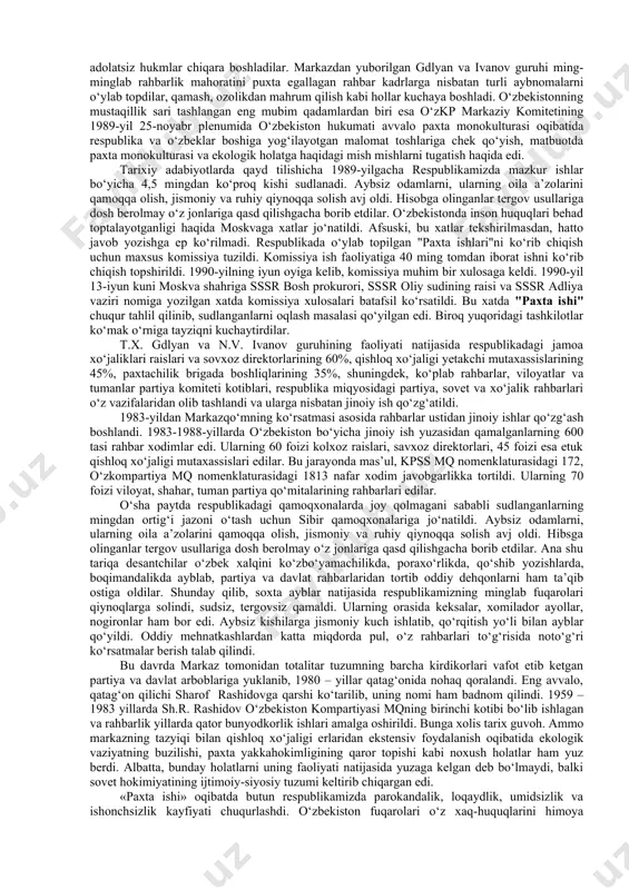 uqlari va qadr-qimmati kafolatlari buzilmoqda»[footnoteref:2]. ana shunday sharoitda yuqori xo‘jalik vazifalarida ishlab kelgan islom karimovning, siyosiy ekspertlar ta’biri bilan aytganda, «sog‘lom texnokratizmi va pragmatizmi» uni o‘sha vaqtda qabul qilingan ko‘pgina taomillarni chetlab, partiya piramidasining cho‘qqisiga ko‘tardi. [2: и.а. каримов. ўзбекистон мустақилликка эришиш остонасида. – т., 2011. – б. 163.] 1991-yil avgust oyiga kelib butun mamlakatda voqealar shu darajada chuvalashib ketdiki, uning echimini topish o‘ta mushkul bo‘lib qoldi. shu vaziyatdan foydalanib 19-21 avgust kunlari moskvada davlat tuntarishi qilishga o‘rinib ko‘rildi. favqullodda holat davlat qo‘mitasi tuzilib, sssr prezidenti m.gorbachev zo‘ravonlik bilan vazifasidan chetlashtirildi[footnoteref:3]. [3: ўзбекистон республикаси: мустақил давлатнинг бунёд бўлиши . қ.а.аҳмедовнинг умумий таҳрири остида/. – т.: «ўзбекистон», 1992 – 50-бет.] 2. markazning o‘zbekistonda amalga oshirgan qatag‘on siyosati. “paxta ishi”, “o‘zbek ishi” nomli kampaniyalar. o‘zssrning ijtimoiy-siyosiy hayotida 1984-yil 23-iyunda bo‘lgan o‘zbekiston kompartiyasi mk xvi – plenumi mash’um rol o‘ynadi. moskva tashabbusi va ko‘rsatmasi bilan tashkil qilingan mazkur plenumda qabul qilingan hujjatlar respublikada …