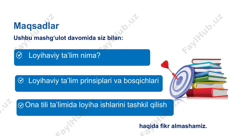 tanim” individual ijodiy qisqa muddatli 2. lug‘at tayyorlash jamoaviy tadqiqotchilik o‘rta 3. “o‘rtog‘imga yondaftarcha” individual ijodiy-tadqiqotchilik o‘rta 4. “bizning teatr” jamoaviy rolli-o‘yinli qisqa muddatli 5. “orzular sari dadil qadamlar” individual axborot beruvchi uzoq 6. “zukko kitobxon” jamoaviy axborot beruvchi, ijodiy uzoq – ustozlar, kichik guruhlarga bo‘linib olamiz. “o‘quv dasturi nima?” degan savolga javob berish uchun har biringiz ushbu tushunchani ifodalovchi 3 tadan kalit so‘z yozing. kalit so’zlaringizni jamlab, ularni guruhingiz bilan saralang va taqdim eting. 5 loyihaviy ta’lim prinsiplari aniq maqsadga egalik erkinlik foydalilik tajribaviylik haqiqiylik ijtimoiy tajriba loyihaviy faoliyat qanday bosqichlardan iborat? amaliy topshiriq guruhingiz bilan loyihaviy faoliyat bosqichlarini yozing. – ustozlar, kichik guruhlarga bo‘linib olamiz. “o‘quv dasturi nima?” degan savolga javob berish uchun har biringiz ushbu tushunchani ifodalovchi 3 tadan kalit so‘z yozing. kalit so’zlaringizni jamlab, ularni guruhingiz bilan saralang va taqdim eting. 7 loyihaviy faoliyat bosqichlari loyiha ishiga kirish topshiriqlarni berish o‘quvchilarning mustaqil faoliyati taqdimotga tayyorgarlik loyiha …