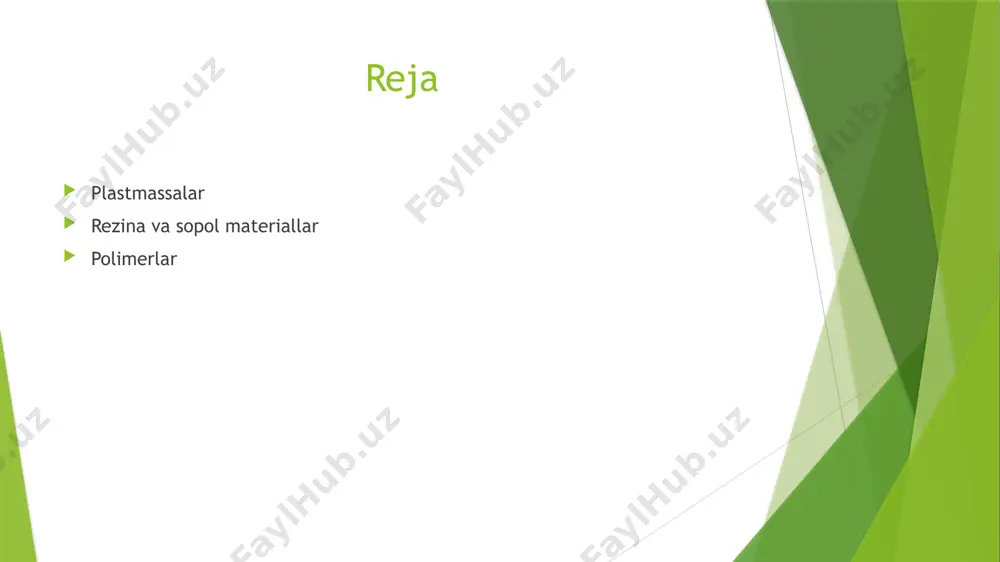 midlar, polietilente-reftalat), optik shaffof (polimetil -metakrilat, polistirol) boʻladi. sopol materiallar va buyumlar texnologiyasi. sopol materiallar xom ashyosining hamma joyda mavjudligi, mustaxkamligi, jonzodlarga beziyonligi, bino va inshootlarning barcha joylarida ishlatish imkoniyati borligi, ularning 1000 yillar davomida qurilishning asosiy materiali bo‘lganini taqazo etgan. ular fizik-mexanikaviy xossalari, shakli, ishlatish sohalari jixatidan hilma-hil bo‘lsada, texnologiya jarayonlari deyarli bir hil: soztuproqni qazib olish; maydalash (kukun); loy tayyorlash; qoliplash; quritish; pishirish va sovutish. devorbop sopol materiallar. odatda g‘isht zavodlari mahalliy soztuproq asosida g‘isht, sopol bloklar ishlab chiqaradi. o‘zbekiston respublikasi g‘isht zavodlari 250´120´65 mm, 250´120´88 mm. va maxsus sexlar 250´250´50 mm. o‘lchamdagi g‘ishtlarni ishlab chiqaradi. rezina, rezinka (lotincha: resina — qatron (smola)), vulkanizat — kauchukni vulkanizatsiyalab olinadigan,elastik deformatsiyalanishi juda yuqori (1000% gacha) boʻlgan mahsulot. vulkanizatsiyalanadigan rezina aralashmasining asosiy komponentlari: tabiiy yoki sintetik kauchuk, vulkanizatsiyalanuvchi agentlar, vulkanizatsiya tezlatkichlari, vulkanizatsiya tezlatkichlari faollashtiruvchilari, toʻldirgichlar, dispergatorlar, yumshatkichlar, eskirtmaydigan, charchamaydigan moddalar, antiozonatlar, boʻyagichlar va boshqa mahsulotlar hisoblanadi. rezina deb maхsus ishlоv berilgan …