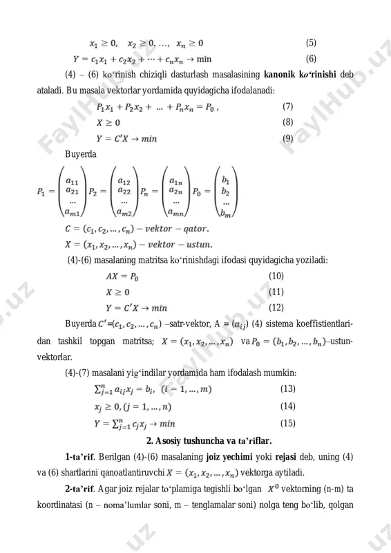 o‘lib, qolgan m ta koordinatalariga mos kelgan shart vektorlar (masalan, vektorlar) chiziqli erkli bo‘lsa, u holda joiz reja bazis (asosiy) reja deyiladi. 3-ta’rif. agar bazis rejadagi musbat koordinatalar soni m ga teng bo‘lsa, u holda bu reja aynimagan bazis reja, aks holda aynigan bazis reja deyiladi. 4-ta’rif. chiziqli funktsiya (6) ga eng kichik qiymat beruvchi bazis reja masalaning optimal rejasi yoki optimal yechimi deyiladi. 5-ta’rif. , vektorlarning qavariq kombinatsiyasi deb shartlarni qanoatlantiruvchi vektorga aytiladi. –o‘lchovli fazodagi har bir vektorga koordinatalari bo‘lgan nuqta mos keladi. shuning uchun bundan keyin vektorni n –o‘lchovli fazodagi nuqta deb qaraymiz. 6-ta’rif. agar n o‘lchovli vector fazodagi s to‘plam o‘zining ixtiyoriy va nuqtalari bilan bir qatorda bu nuqtalarning qavariq kombinatsiyasidan iborat bo‘lgan nuqtani ham o‘zichiga olsa, ya’ni bo‘lsa, bu to‘plam qavariq to‘plam deb ataladi.2 chiziqli dasturlash masalasi ustida quyidagi tengkuchli almashtirishlarni bajarish mumkin. 1. ni ga aylantirish. har qanday chiziqli dasturlash masalasini kanonik ko‘rinishga keltirish uchun …