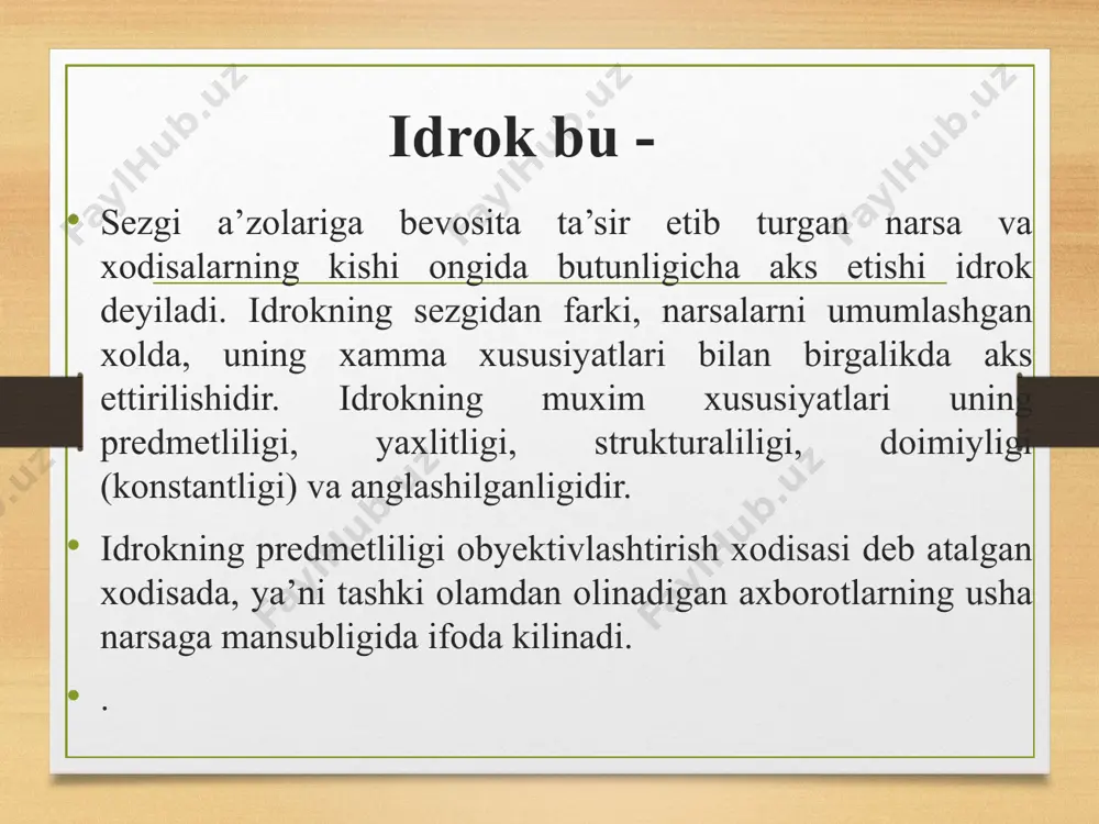 5. siklofuzion (yunoncha doira, aylana) harakat, harakatlanuvchi jismlarni ko’z qorachig’i yordamida aniqtasvirini aks ettirishidir. 6. torsion (fransuzcha aylantirish) harakat ko’z o’qi atrofida jismlarni aylanib to’rgan holda qayd qilishdir. 7. version (lotincha harakatlanaman, aylanaman demakdir) harakat ko’zning makro harakatlari doirasiga kirib, ko’rish burchagini kuzatish, tezlikni o’zgartirmasdan kuzatiluvchi ob’yektni idrok qilishda ishtirok etishidir. 8. vergen (lotincha og’ish, qiyshayish) harakat ko’zning makro harakatlari tarkibiga kirib, o’ng va chap ko’zlarining ko’rish o’qlari burchagi o’zgarishiga olib keladi va hokazo. idroknnig doimiyligi, konstantligi bu - narsani idrok kilish sharoitlari uzgarishiga karamay, narsaga xos bulgan kattalik, shakl, rang va boshka xususiyatlarning idrokimizga nisbatan bir xilda aks etishidir. masalan, yoritish darajsi uzgarishiga karamay, biz korni ok, kumirni kora narsa sifatida idrok kilaveramiz. kizil chirok ostida kitob saxifasi kizil bulib kurinsa xam uni ok deb, samolyotdan karaganda yerdagi odamlar va narsalar kichkina bulib kurinsa xam ularni odatdagiday kattalikda deb idrok kilaveramiz. kitob kanday kurinsa xam uni turtburchak deb, stakandagi …