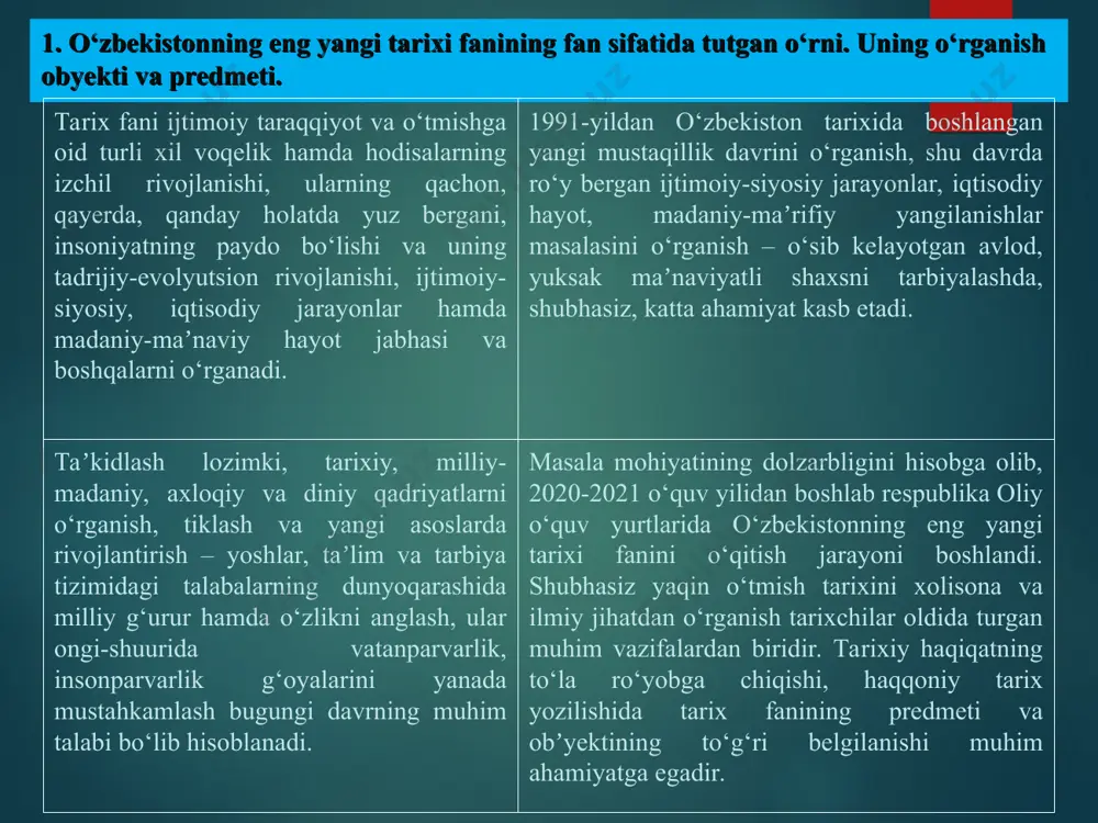 yangi tarixi fanining metodologik, ilmiy-nazariy asoslari, usullari va tamoyillari. har qanday fanning metodologiyasi deganda metod (usul)lar majmui tushuniladi. o‘zbekistonning eng yangi tarixi fanini o‘qitish metodologiyasi deganda bu yo‘nalishdagi ilmiy bilimlarning tuzilishi va rivojlanishi, ularning natijalarini asoslash yo‘llarini amaliyotga tadbiq etilishi, mazkur fanga xos bo‘lgan ilmiy bilimlar mexanizmining samarali usullari tushuniladi. аvvalo, metodologiya haqida to‘xtalsak, metodologiyaning lug‘aviy maʼnosi grekcha “metodos” va “logos” degan ikki so‘z birikmasidan iborat bo‘lib, metod, yaʼni usul – tadqiqot olib borish usuli (yo‘li), nazariya, taʼlimot, logiya esa fan deganidir. demakki, metodologiya, yaʼni uslubiy ilmiy tadqiqot ishini olib borish yoki biror bir masalani ilmiy o‘rganishning eng qulay usullari, eng to‘g‘ri va mukammal g‘oyasi, nazariyasi va taʼlimotlari majmuidan iborat bir butun fandir. boshqa maʼnoda esa metodologiya ilmiy bilish yoki maʼlum bir ilmiy faoliyatni tashkil etish va amalga oshirishda qo‘llaniladigan usullar haqidagi fandir. demak, tarix fani metodologiyasi tarixni o‘rganuvchi va o‘qituvchilarni aniq maqsad sari to‘g‘ri yetaklaydi, yaʼni tarix haqqoniy yozilishi …