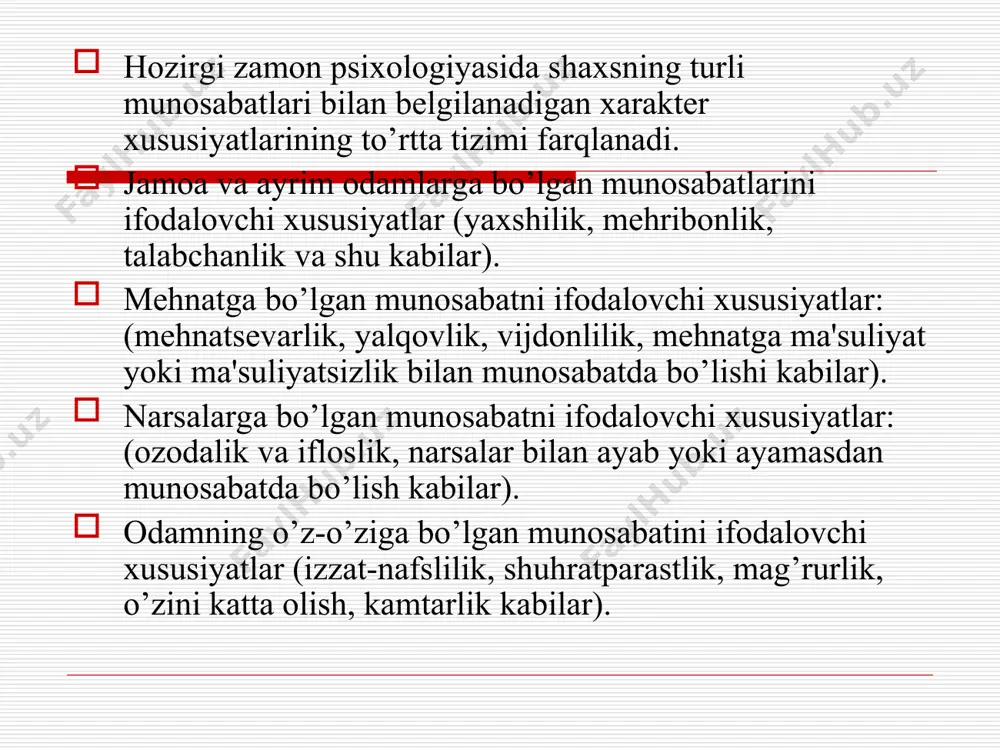 akter aksentuatsiyasini tarbiyalash va tuzatish mumkin. u.sheldon, e.fromm, k.leongard va a.e.lichkolar tomonidan ham shunday tipologiyalar tavsiya etilgan. inson xarakterining barcha tipologiyalari quyidagi asosiy g’oyalarga muvofiq tarzda tashkil etilgan. 1.inson xarakteri uning ontogenetik taraqqiyoti mobaynida namoyon bo’la boshlaydi va butun hayot davomida barqaror bo’lib boradi. 2.xarakter tarkibiga kirgan xususiyatlar tasodifiy uyushgan emas. ular xarakter tipologiyasini tuzish imkonini beruvchi bir-biridan farq qiluvchi tiplardan iborat. 3.mazkur tipologiyaga ko’ra ko’pchilik kishilarni ma'lum guruhlarga birlashtirish mumkin. e.krechmer odam tanasining tuzilishi va konstitusiyasiga ko’ra, eng ko’p uchraydigan uchta tipni ajratib ko’rsatgan (astenik, atletik, piknik). ularning har biri shaxsni ma'lum xarakter tiplari bilan bog’langan bo’lsa ham, aslida hech qanday ilmiy asoslab bo’lmaydi. 1.astenik tip - krechmer fikricha, uncha katta bo’lmagan gavda tuzilishli, o’rtacha yoki undan balandroq bo’yli, oriq kishilardir. asteniklarning tana va yuz terisi nozik, yelkasi tor, yassi, mushaklari yaxshi rivojlanmagan. 2.atletik tip - skelet va mushaklar yaxshi rivojlangan, o’rtachadan yuqori, baland bo’yli, keng elkali, kuchli ko’krak …