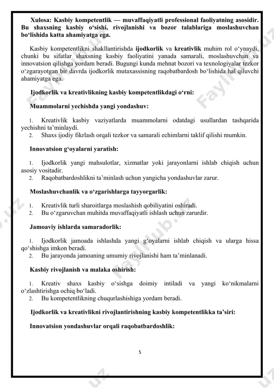 asbiy o‘sishga doimiy intiladi va yangi ko‘nikmalarni o‘zlashtirishga ochiq bo‘ladi. 1. bu kompetentlikning chuqurlashishiga yordam beradi. ijodkorlik va kreativlikni rivojlantirishning kasbiy kompetentlikka ta’siri: innovatsion yondashuvlar orqali raqobatbardoshlik: 1. ijodiy mutaxassislar yangi usul va texnologiyalarni ishlab chiqib, tashkilotga katta foyda keltirishi mumkin. 1. zamonaviy bozor sharoitida bu juda muhim. kasbiy etikani yangicha talqin qilish: 1. kreativlik kasbga oid odatdagi qoidalarni zamonaviy va qulay shaklda joriy qilishni osonlashtiradi. shaxsiy brendni shakllantirish: 1. kreativ yondashuvlar mutaxassisni boshqalardan ajratib turadi va u haqda ijobiy taassurot qoldiradi. yangi imkoniyatlar eshigini ochish: 1. ijodkor shaxs o‘z sohasida yangi yo‘nalishlar ochishi, birinchi bo‘lib kashfiyotlar qilishi yoki mahsulotlar taklif qilishi mumkin. ijodkorlik va kreativlikni rivojlantirish yo‘llari: 1. muammoli vaziyatlarni tahlil qilish va yangi echimlarni qidirish. 2. kurslar va treninglarda qatnashish (ijodiy fikrlash, dizayn-muloqot va boshqalar). 3. har xil kasbiy loyihalarda qatnashish va yangi tajriba orttirish. 4. jamoaviy ishlarda ijodiy yondashuvlarni qo‘llash. 5. tanqidiy fikrlashni rivojlantirish. xulosa: ijodkorlik va …