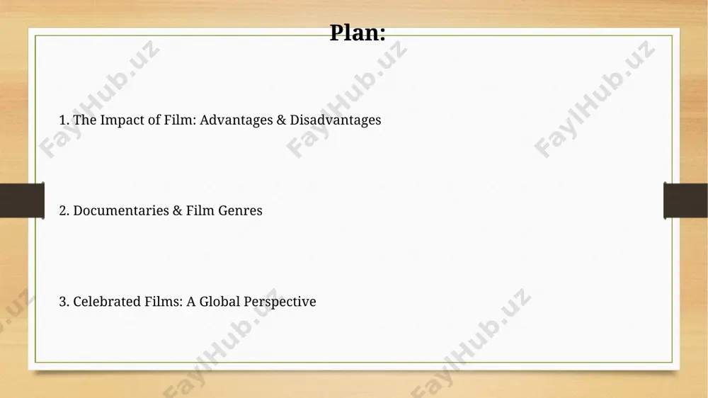 archival footage, while feature films prioritize storytelling and dramatic effect, sometimes employing fictionalized accounts or artistic liberties. this core difference impacts their production styles and intended audience. the power of film: advantages documentaries, a specific film type, can educate audiences on complex issues like climate change or social injustice, facilitating informed decision-making and citizen engagement by providing crucial data and narratives. feature films, using narrative techniques, can achieve powerful emotional resonance, affecting viewers' attitudes and behaviors, influencing prosocial behaviors by over 15% in controlled experiments. thank you for your attention @taqdimot_robot image7.jpg image8.jpg image9.jpg image10.jpg image11.jpg image3.png image4.png