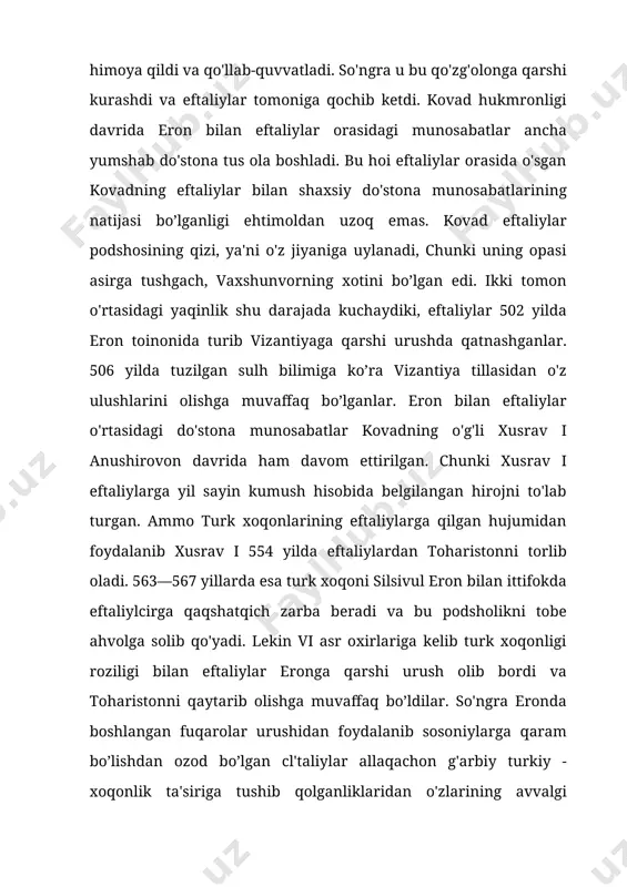 osoniylarga qaram bo’lishdan ozod bo’lgan cl'taliylar allaqachon g'arbiy turkiy - xoqonlik ta'siriga tushib qolganliklaridan o'zlarining avvalgi mustaqilliklarini saqlab qololmadilar. eftaliylar davlatining siyosiy markazi—poytaxti qayerda bo’lganligi to'g'risida qat'iy aniq ma''lumot yo'q. taxminiy fikriarga ko’ra bunday markaz poykand yoki balx bo’lgan deyiladi. davlatning boshida podsho turgan. podsholar vizantiya tarixchisi prokopiyning (vi asr) so'zlariga qaraganda vizantiyaliklar bilan forslar orasida m'avjud bo’lgan adolatdan zarracha bo’lsada kam bo’lmagan adolatga suyanib faoliyat ko'rsatganlar. odamlar asosan shaharlarda yashaganlar. eftaliylar hukmronligi davrida quidorlikning yemirilib, asta-sekinlik bilan feodalizm qaror topa boshlaganligining guvoh botamiz. bu davrda olib borilgan to'xtovsiz urushlar ishlab chiqarish kuchkirining inqirozga uchrashiga sabab bo’ldi, sug'oriladigan yer maydonlari qisqardi, shaharlar sonjihatdan kamaydi. eftaliylardan oldingi kushonlar davridayoq yer va qo'rg'omarga ega bo’lgan aslzodalar ajralib chiqa boshlagan, dehqonlar mahalliy - zodagonlarga ko’proq tobe bo’la borgan. bu hoi feodal munosabatlamini' shakllana boshlashi uchun shart-sharoit yetila borganligini ko'rsatadi. aholining asosiy qismi dehqonchilik bilan mashg'ul bo’lgan, ayrim qismigina ko'chmanchilik asosida yashagan, o'tovlarda istiqomat …