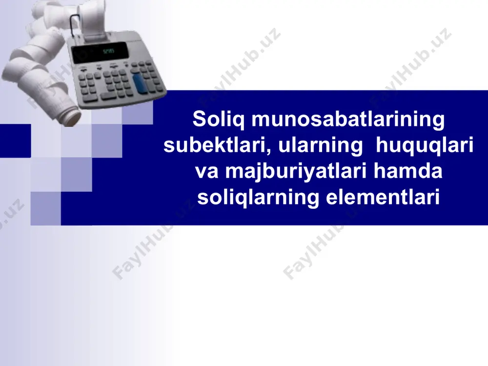 aromadlari, muayyan tovarlar, mol-mulk qiymati, qimmatli qog'ozlarga doir operatsiyalar, tabiiy resurslardan foydalanish va haqozolar, ya'ni pul mulkiy shakllarda mavjud bo'lgan moddiy ne'matlar soliq huquqiy munosabatlarning ob'ekti hisoblanadi. «soliq tizimini huquqiy tartibga solish» tushunchasi soliq tizimini huquqiy tartibga solish - soliq munosabatlarini tartibga solishni shunday shaklidirki, uning vositasida ular ishtirokchilarining xatti-harakatlari, ya'ni soliq huquqiy sohadagi qonun me'yorlarini ko'zda tutilgan talablariga majburiy talablari va huquqqa yo'l qo'yishlari ko'rinishida namoyon bo'ladigan davlat idorasi o'z ifodasini topadigan o'z huquqi va majburiyatlarining soliq huquqi sub'ektlari tomonidan bajarilishiga muvofiqlashtirdi. soliq munosabatlarini huquqiy tartibga solish o'z ichiga huquq me'yorlari, huquqiy munosabatlar, yuridik ma'suliyat, huquqiy ong va boshqa shu kabi tarkibiy unsurlarni oladi. soliq huquqi sub'ektlari davlat idorasining talablari va yo'l qo'yishlariga munosabat bildiradi, ya'ni ularning ijobiy munosabati belgilangan huquq-tartibotga muvofiq keladigan huquqiy xatti-harakatlarni hosil etadi. salbiy munosabat esa huquqiga zid bo'lgan xatti-harakatni, ya'ni huquqbuzarliklarni hosil etadi. 1992 yil 8 dekabrda, uni ikkinchi chaqiriq o'zbekiston respublikasi oliy kengashining …