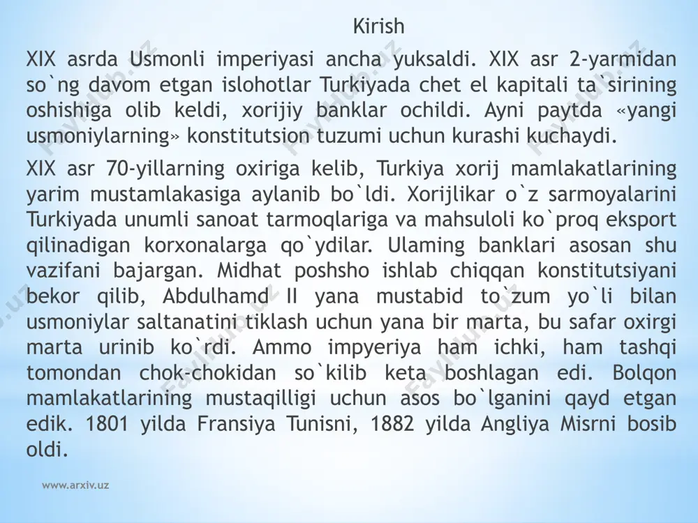 shlar yeb, ketadi, xudo hohlasa menga qoladi». lekin ana shu qolgani ham yer egasi va soliqchiga ketardi. www.arxiv.uz bu tushkunlik ustiga 1873-1875 yillarda ocharchilik bo`iib, ko`p kishilar qirilib ketdi. shaharliklaming ahvoli ham og`ir edi.eski tartiblar va xorijiy mollarning ko`pligi hunarmandchilikni kasodga uchratdi. sulton o`z foydasini ko`zlab chet eldan qarz olaboshladi. 1870-1874 yillarda 3 mlrd frank qarz olingan. ammo bu bilan mamlakatning moliyaviy ahvoli yanada yomonlashdi. xix asrning 70-yillarida inqiroz boshlandi, norozilik kuchaydi. muhojirlikda bo`lgan yangi usmonlilar faollashdilar. ular chet elda gazetalar chop etib, varaqalar tarqatib, konstitutsion tuzumni va islohotlarni talab qildilar. ularni liberal amaldorlar va ofitserlar` quvvatladilar ularga «ulug` vazir» midxat poshsho ham qo`shildi. ular angliya bilan yaqinlashish tarafdori bo`lib. sulton rejimiga qarshi kurashdilar www.arxiv.uz xx asr boshlarida turkiya xx asr boshiga kelib, turkiya rivojlangan mamlakatlarning yarim mustamlakasi bo`lib qolavyerdi. xorijiy kapitalistlar zulmi kapitalistik ekspluatatsiya zulmi va abduhamid ii zulmi bilan ulanib ketgan edi. sug`oriladigan yerning 65 foizi katta yer …