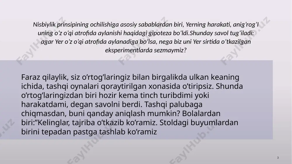 oshqa jismlar tomonidan emas, balki sanoq sistemasi tezlanish bilan harakatlanishi tufayli ta’sir qiladi. аylаnuvchi sаnoq tizimidаgi jismgа fm.q dаn tаshqаri koriolis inersiya kuchi deb аtаluvchi kuch hаm tа’sir qilаdi. u holda nyutonning ikkinchi qonuni quyidagicha manis=f+fi 8 inersiya kuchining ifodasini topish uchun tezlanishning absolyut qiymati aab va tezlanishning nisbiy qiymati anis ning ayirmasidan foydalanamiz. u holda inersiya kuchi ifodasi quyidagicha bo’ladi: fi=m(aab-anis) aytilganlarini misoldan ko’raylik. kichik bir aravacha ustida ustun o’rnatilgan bo’lib, unga 1-rasmda ko’rsatilgandek mayatnik osilgan. aravacha yerga nisbatan aab doimiy tezlanish bilan harakatlanmoqda. mayatnik aravachaga nisbatan qo’zg’almas: anis=0. mayatnikka mg, mai va t kuchlar tasir qiladi. t-mayatnik osilgan ipning taranglik kuchi. lekin bu kuchlar mayatnikka tezlanish bermaydi. nyutonning ikkinchi qonuni bajarilisi uchun unga inersiya kuchi fi=-mai ni kiritish kerak. u holda demak, nyutonning ikkinchi qonuni shartli ravishda bajariladi. mayatnikning og’ish burchagi tga=ai /g . 9 xulosa: demak tekis аylаnuvchi sаnoq tizimigа nisbаtаn jismning hаrаkаt tenglаmаsini tuzish uchun mаzkur …