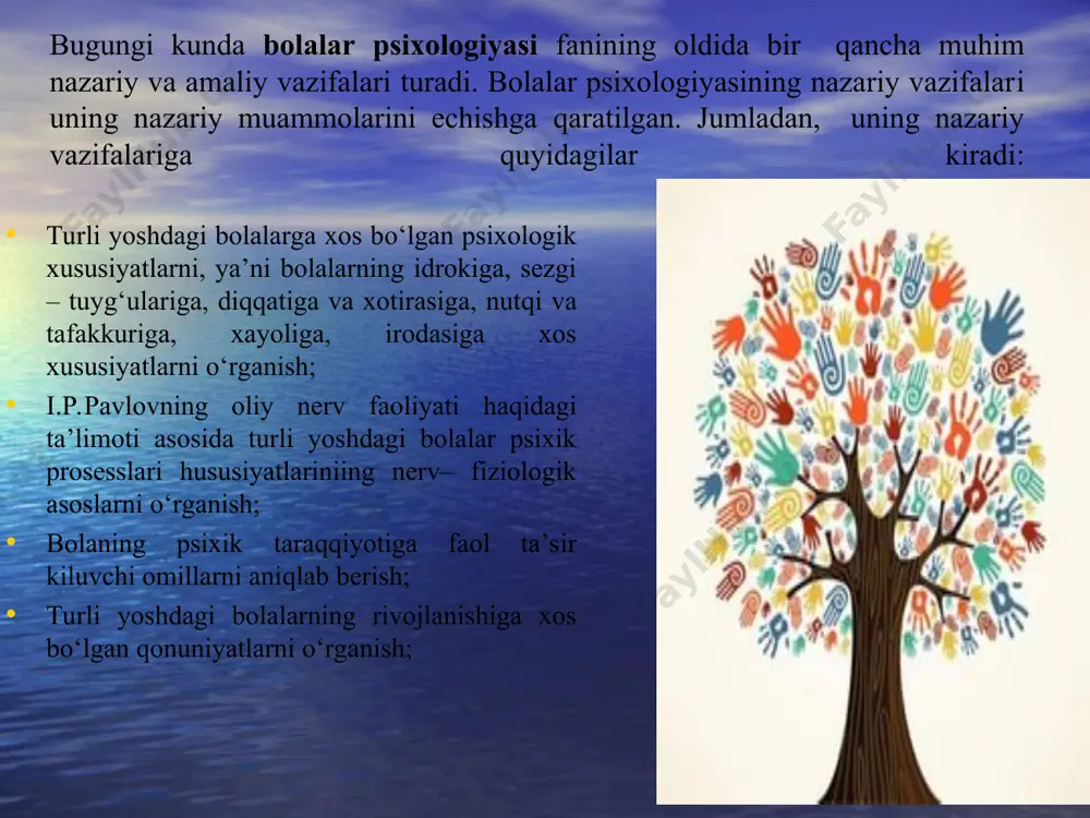 ganliklarini ham aniqlash mumkin. qo‘llaniladigan testlar orasida intellektual testlar deb (ataladigan) testlar katta ahamiyatga ega. intellektual testlar – bolalarning umumiy aqliy taraqqiyot darajalari aniqlanadi. takrorlash uchun savol va topshiriqlar: bolalar psixologiyasi nimani o‘rganadi? bolalar psixologiyasi fanini o‘rganishning zaruriyati. bolalar psixologiyasi fanining predmetini nima tashkil qiladi? bolalar psixologiyasi faning vazifalari nimalardan iborat? fanning tadqiqot metodlaridan qaysilarini bilasiz? adabiyotlar: 1.g‘oziev e. ontogenez psixologiyasi.toshkent, noshir., t 2010. — 280 s. 7-28 s. 2.do‘stmuhammedova sh.a., z.t.nishonova, s.x.jalilova, sh.t.karimova, sh.t.alimbaeva “yosh davrlari va pedagogik psixologiya” toshkent fan va texnologiyalar markazining bosmaxonasi. 2013.— 384 s. 8-26 s.