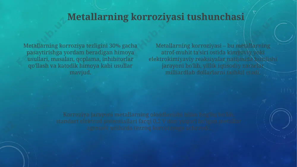 gi difraktogrammalarni tahlil qilish natijasida faza tarkibi va kristall tuzilishini aniqlash mumkin. korroziyani o'rganishda elektrokimyoviy usullar, masalan, polarizatsiya qilish usuli yordamida metall yuzasidagi potensial o'zgarishlarini 1 mv aniqlikda o'lchash mumkin. korroziyani oldini olish usullari katod himoyasi usuli, ya'ni metall sirtiga 0,5-1v potensial farq berish orqali, metallning erish jarayonini to'xtatadi va korroziya tezligini 90% gacha kamaytirishga imkon beradi. korroziyani oldini olishning samarali usullaridan biri – metall sirtini 25-50 mikrometr qalinlikdagi bo'yoq qatlami bilan qoplashdir, bu esa agressiv muhitning metall bilan bevosita aloqasini to'xtatadi va korroziya tezligini sezilarli darajada pasaytiradi. yuqori sifatli zanglamaydigan po'latdan yasalgan buyumlar, masalan, 304 yoki 316 markali po'latlar, o'zining yuqori korroziyaga chidamlilik xususiyatlari tufayli korroziya jarayonini sezilarli darajada kamaytiradi yoki butunlay oldini oladi. stress korroziyasi stress korroziyasi, austenitik zanglamaydigan po'latlar kabi, yuqori mustahkamlikdagi qotishmalar uchun xavfli bo'lib, 0,1-1 mm/yil tezlikda chuqur korroziy çatlaklar hosil qilishi mumkin. stress korroziyasi, metallarning yuqori kuchlanish holatida korroziy muhit ta'sirida tezlashgan buzilishi bo'lib, …